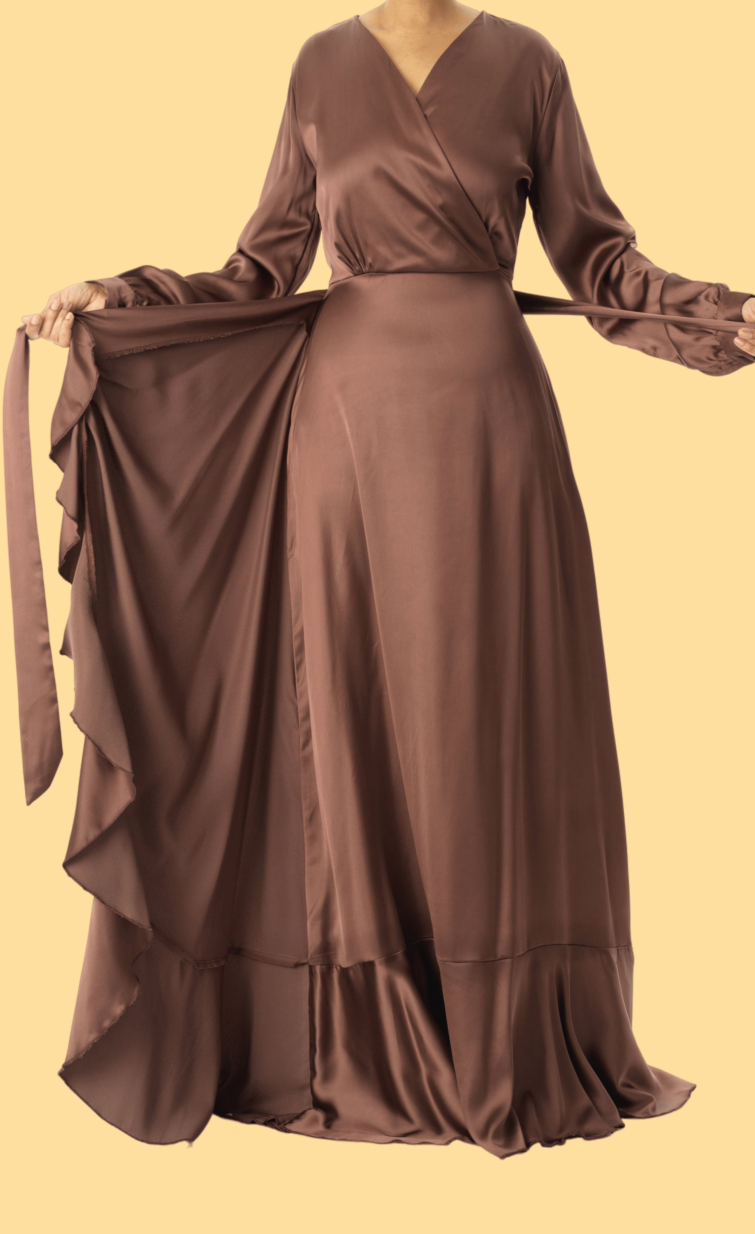chestnut mauve modest Wrapped Up In satin dress Kabayare