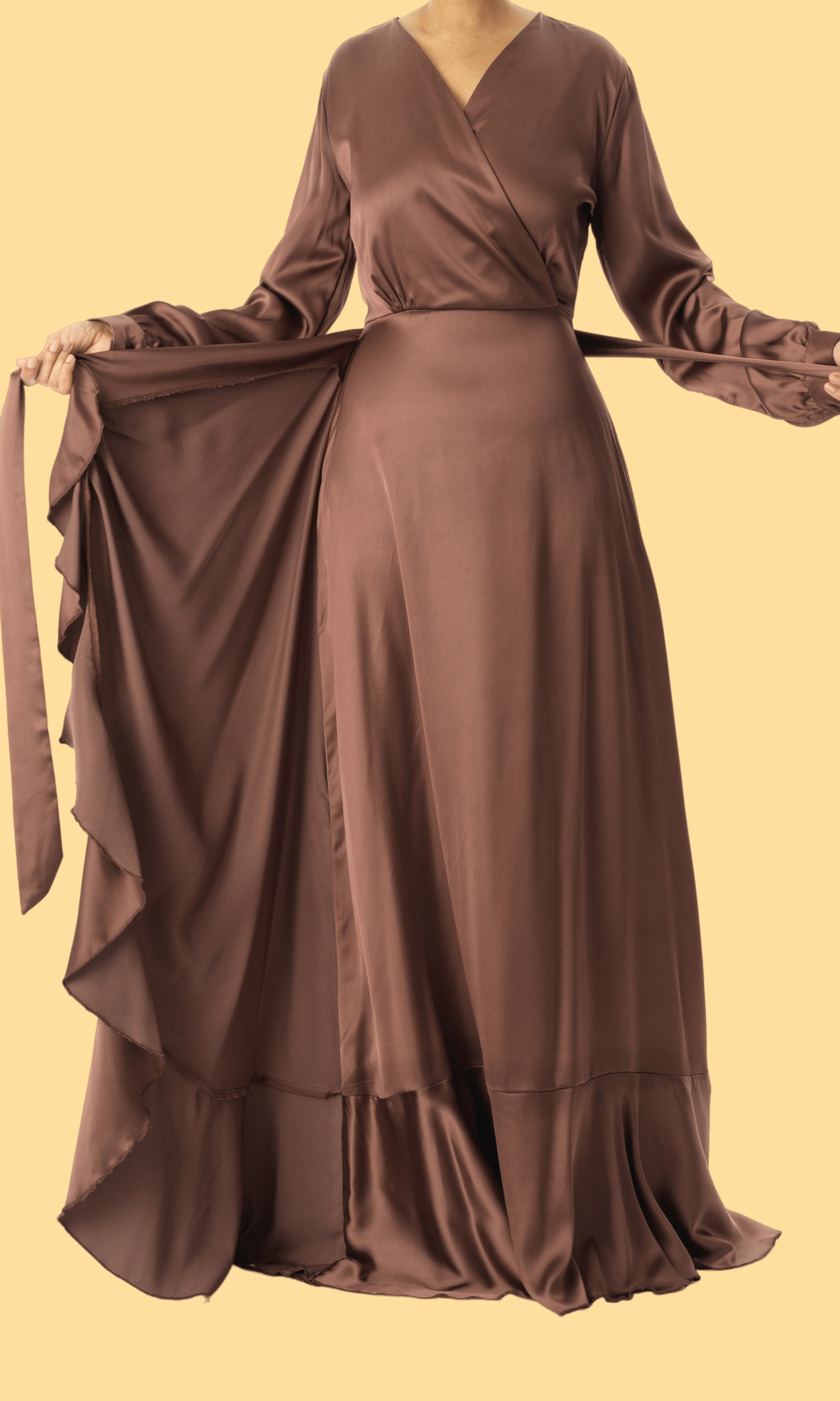 chestnut mauve modest Wrapped Up In satin dress Kabayare