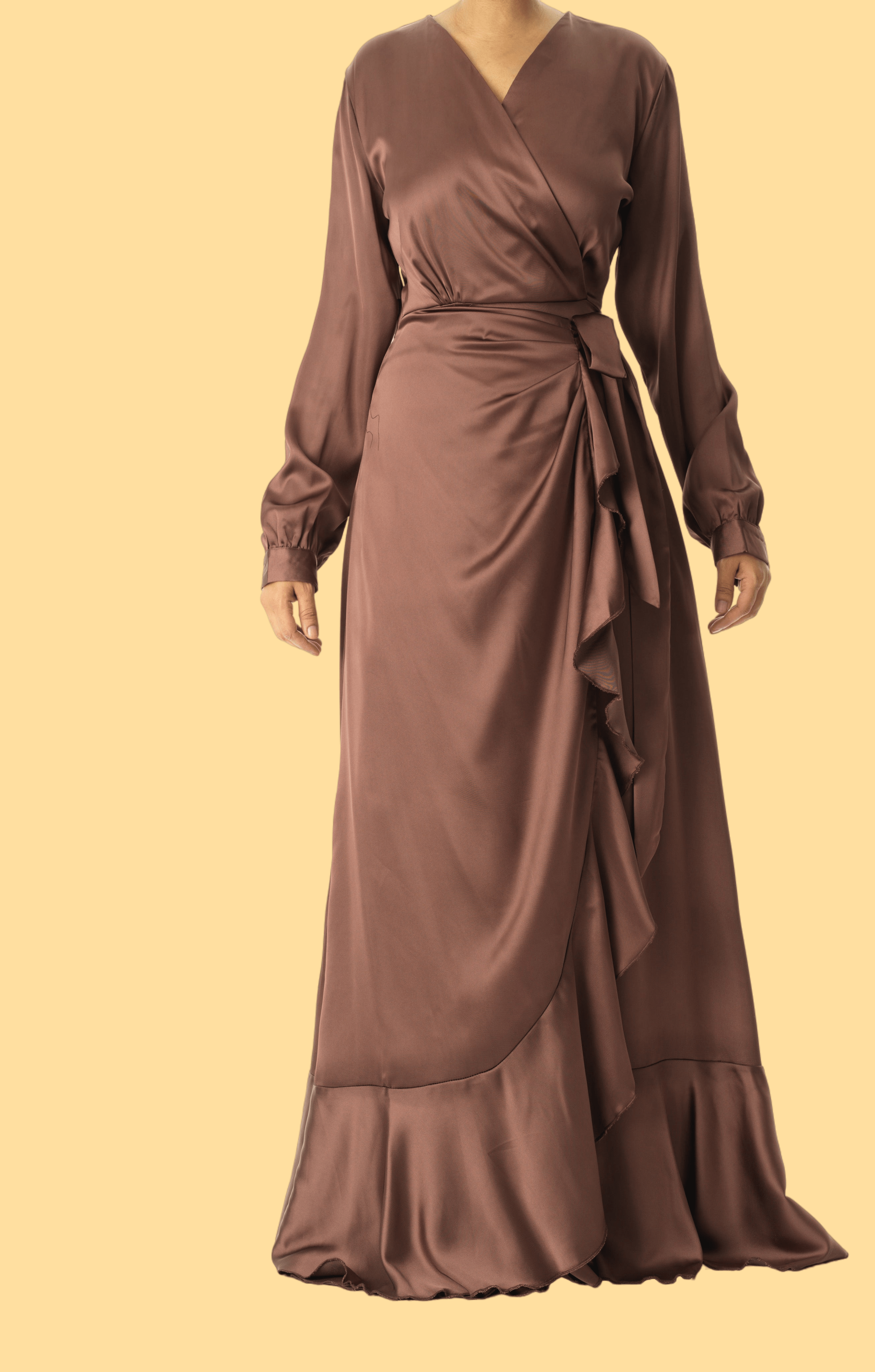 chestnut mauve modest Wrapped Up In satin dress Kabayare