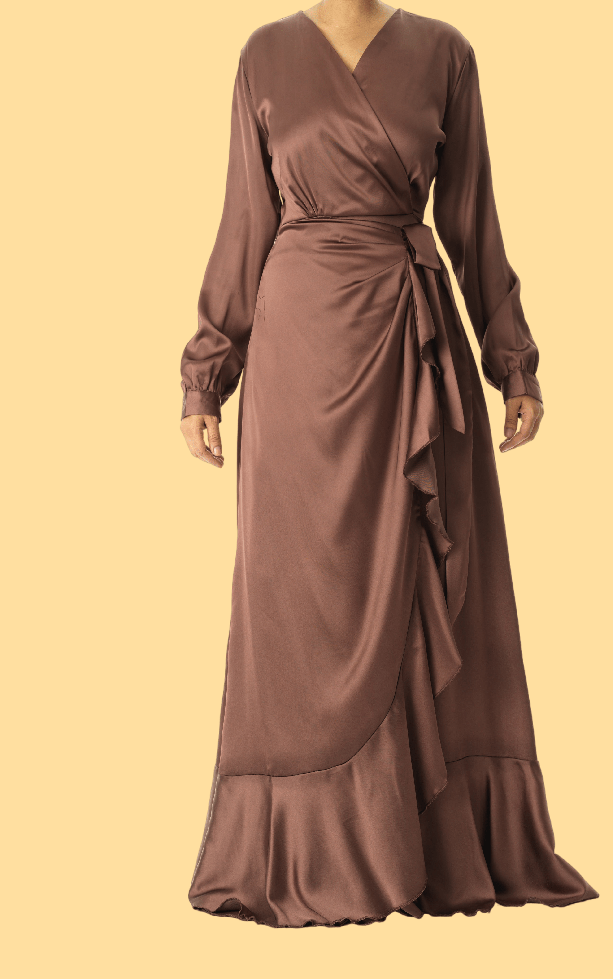 chestnut mauve modest Wrapped Up In satin dress Kabayare
