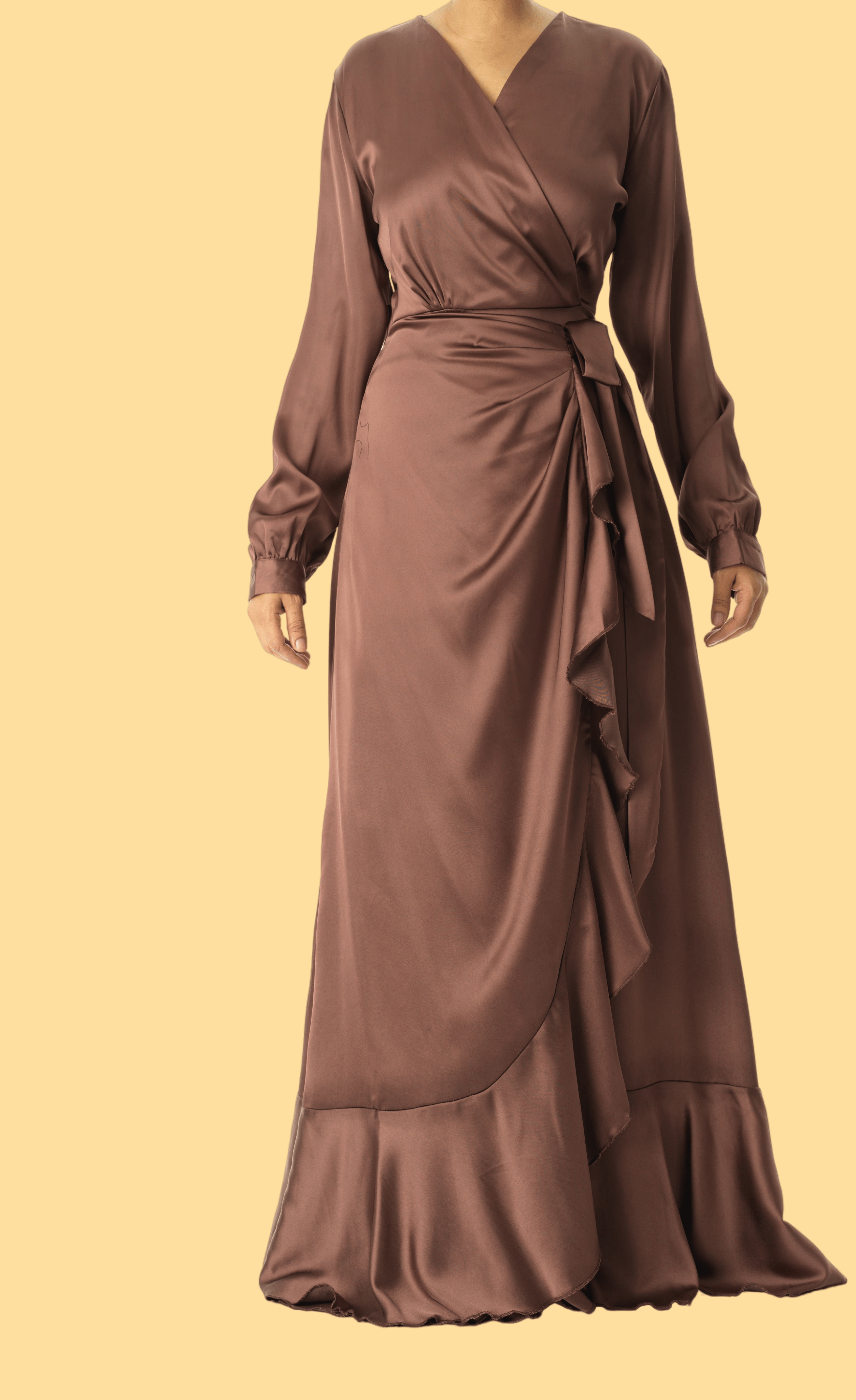 chestnut mauve modest Wrapped Up In satin dress Kabayare