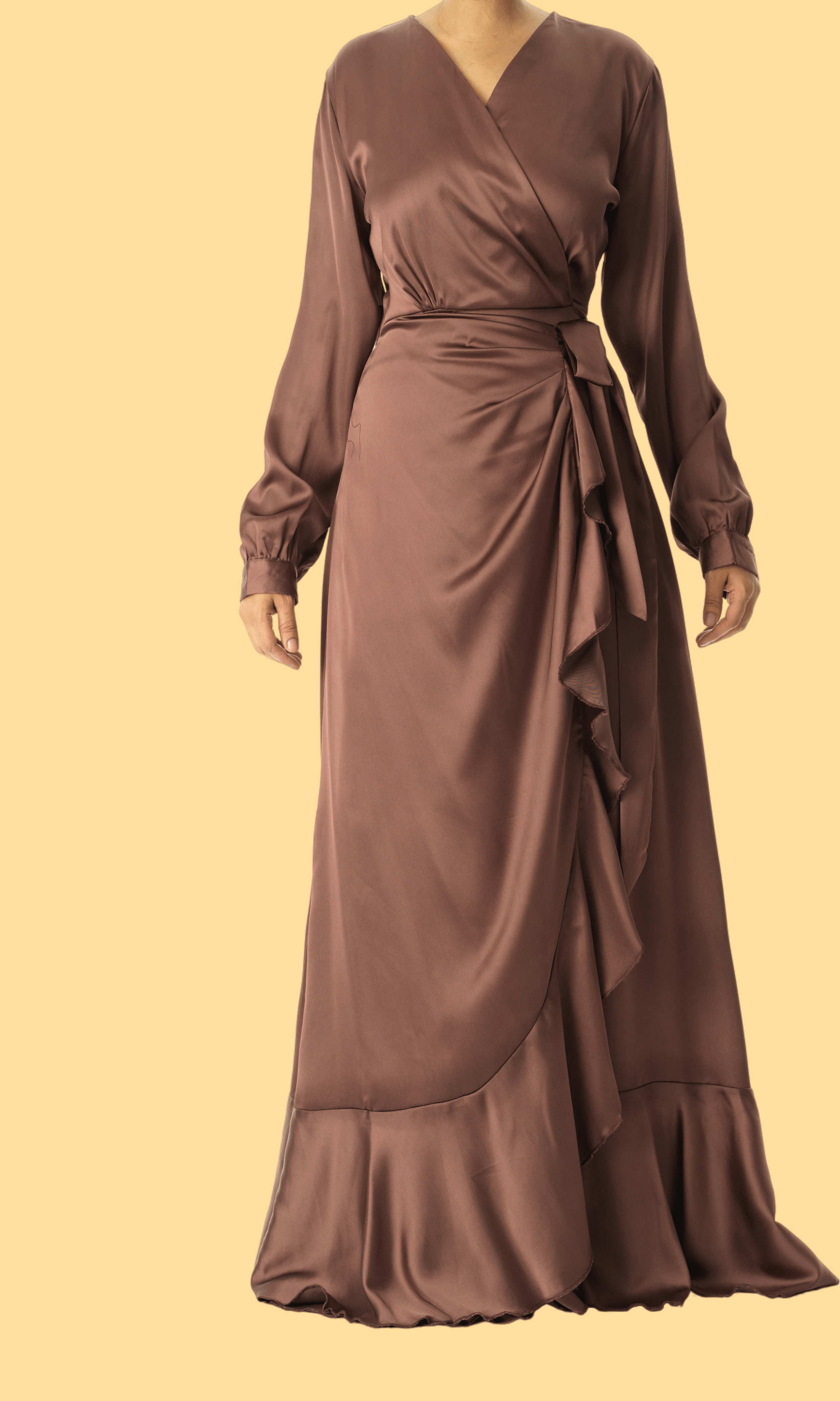 chestnut mauve modest Wrapped Up In satin dress Kabayare