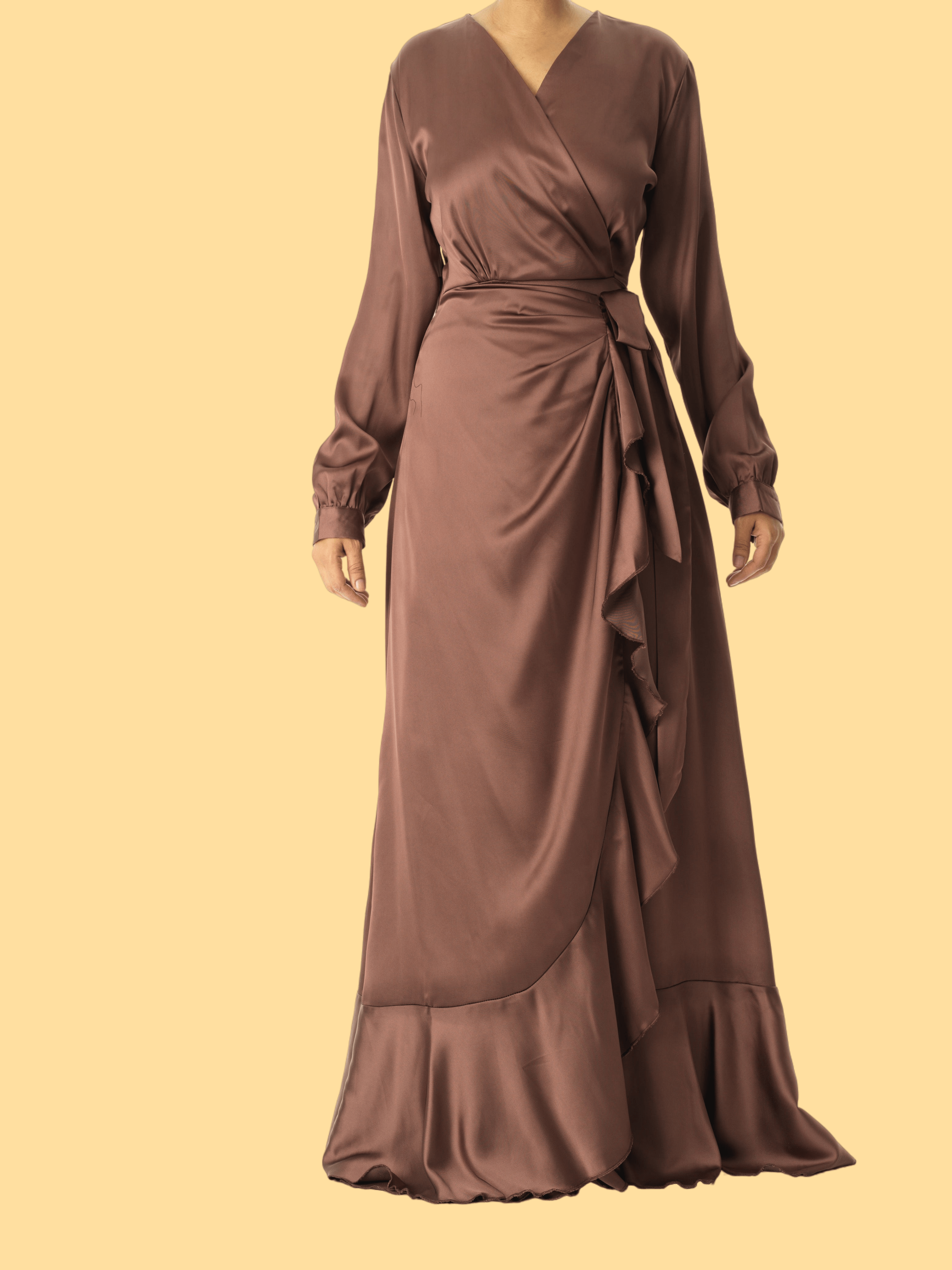chestnut mauve modest Wrapped Up In satin dress Kabayare