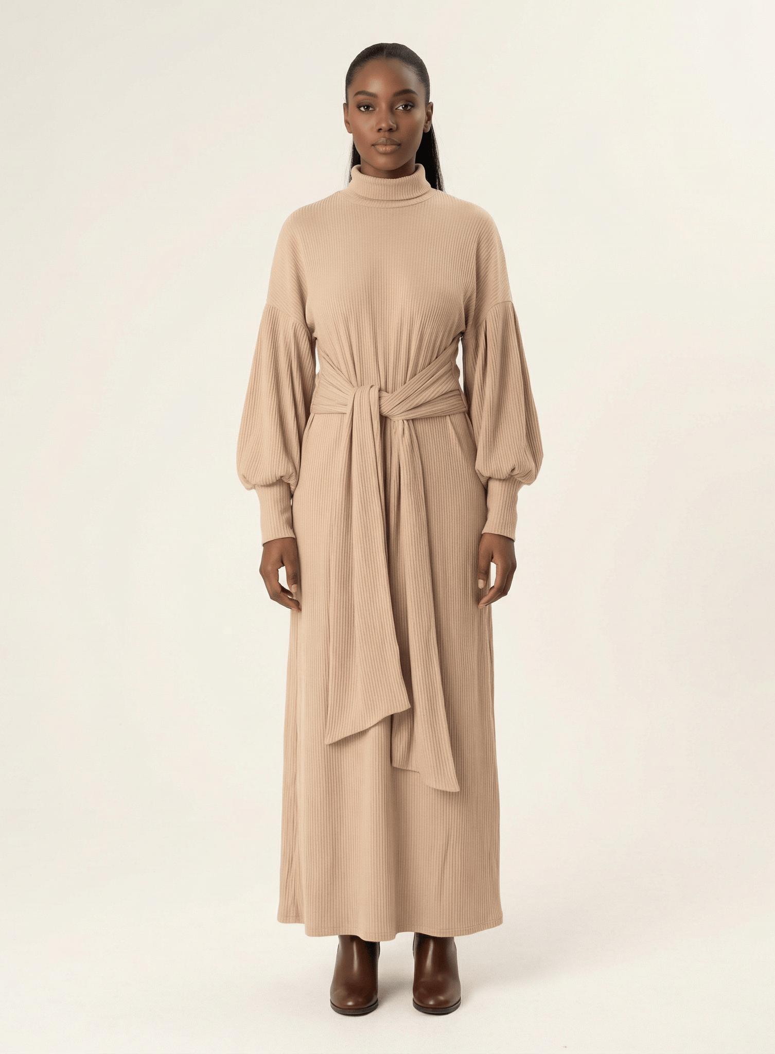 Chia Ribbed-Knit Turtleneck Sweater Modest Dress Kabayare