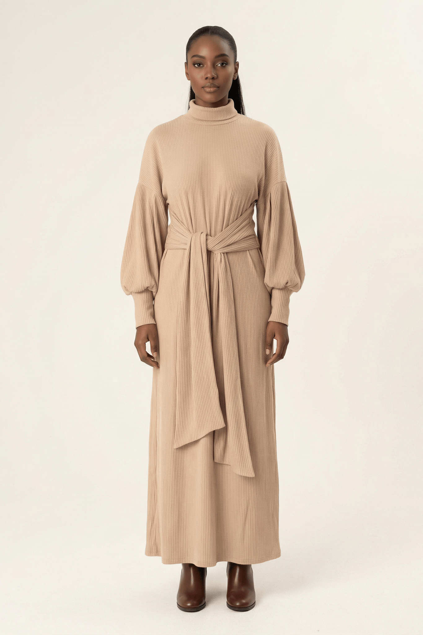 Chia Ribbed-Knit Turtleneck Sweater Modest Dress Kabayare