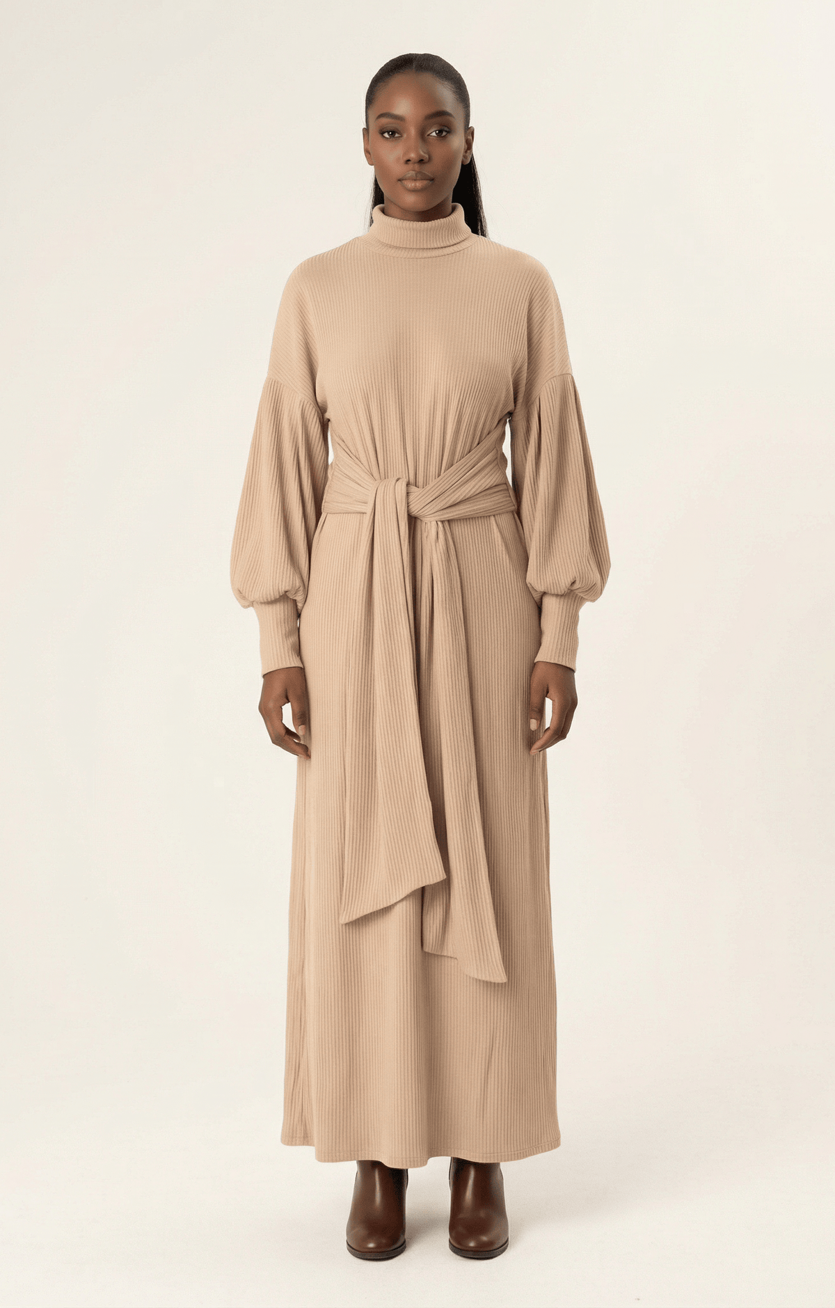 Chia Ribbed-Knit Turtleneck Sweater Modest Dress Kabayare