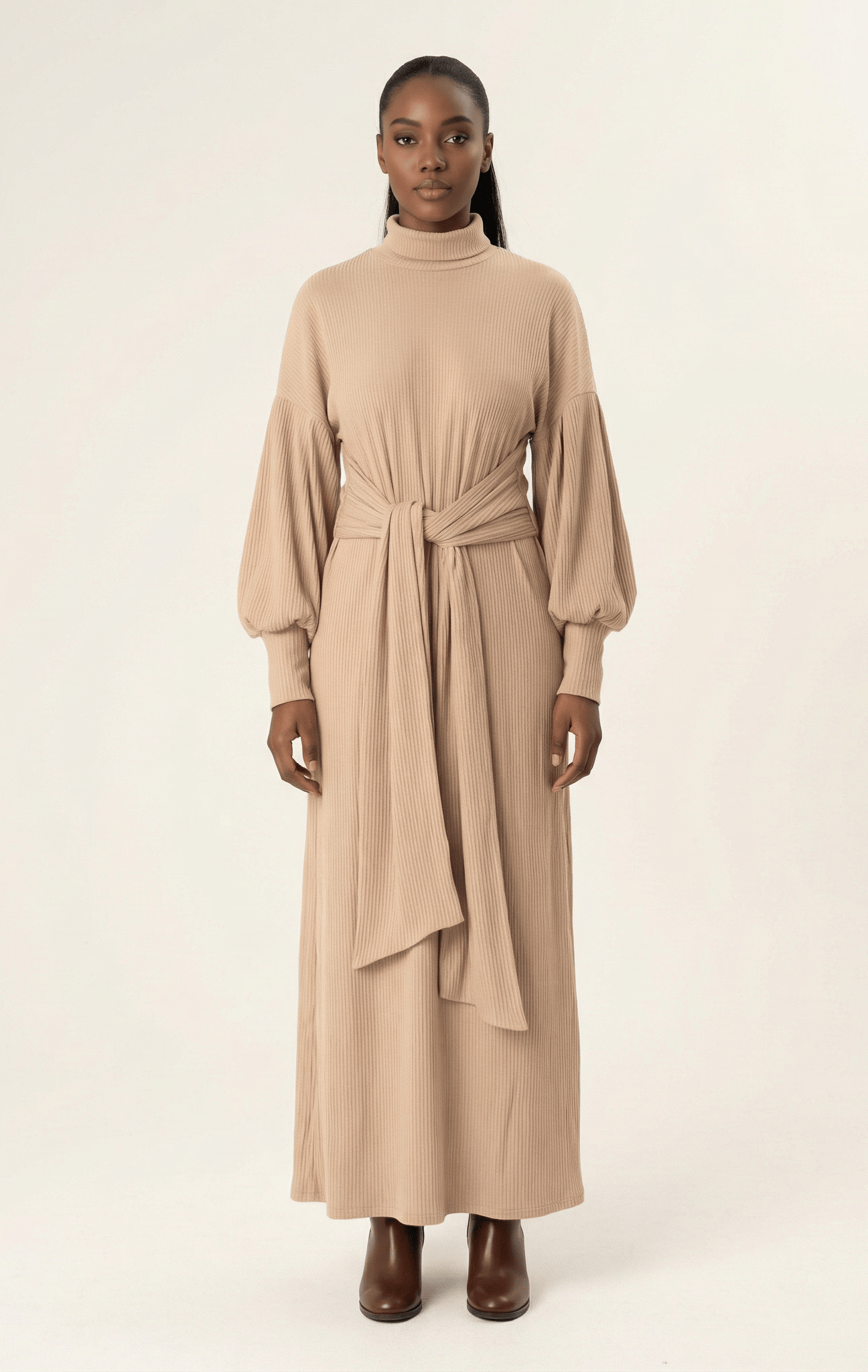 Chia Ribbed-Knit Turtleneck Sweater Modest Dress Kabayare