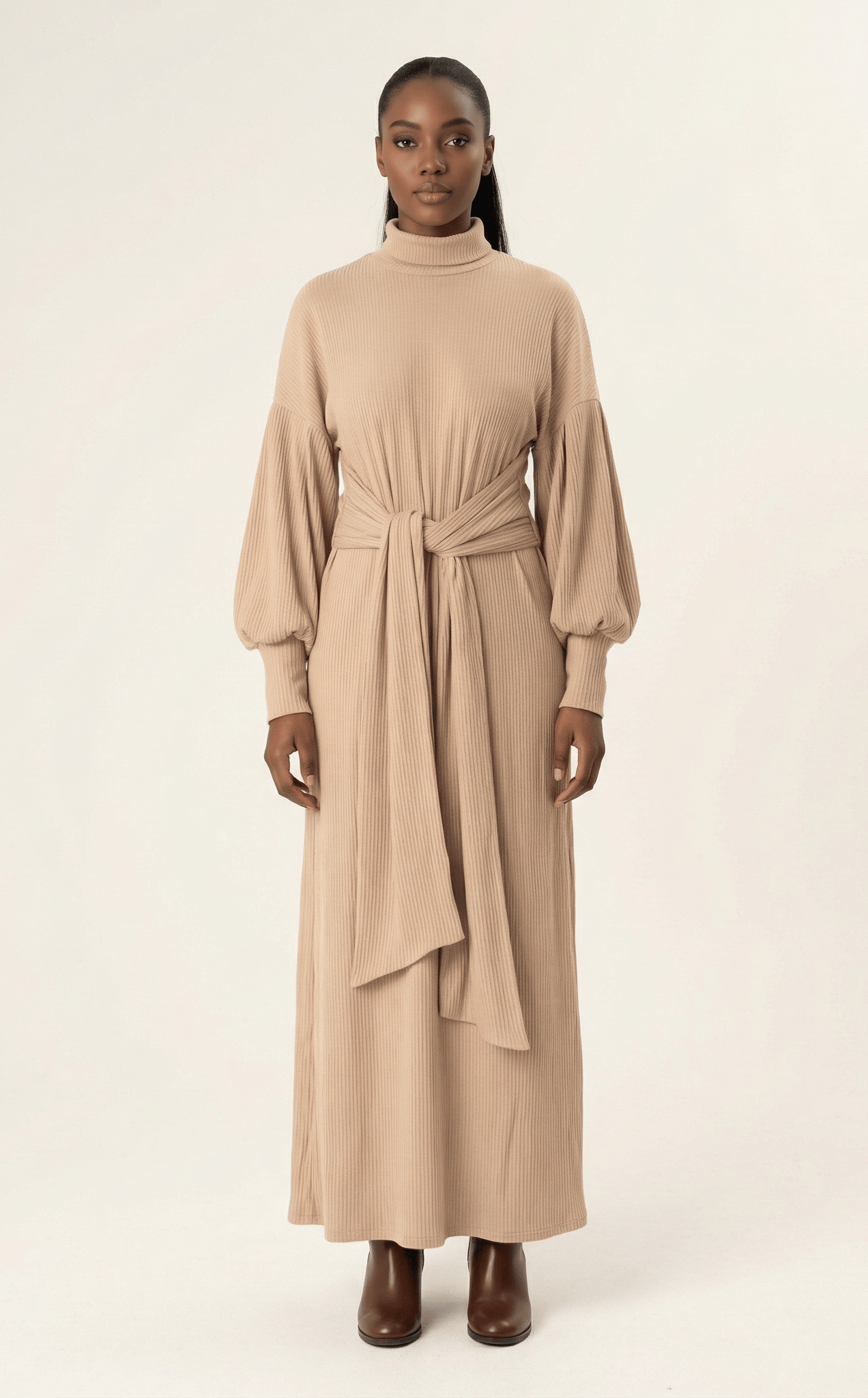 Chia Ribbed-Knit Turtleneck Sweater Modest Dress Kabayare