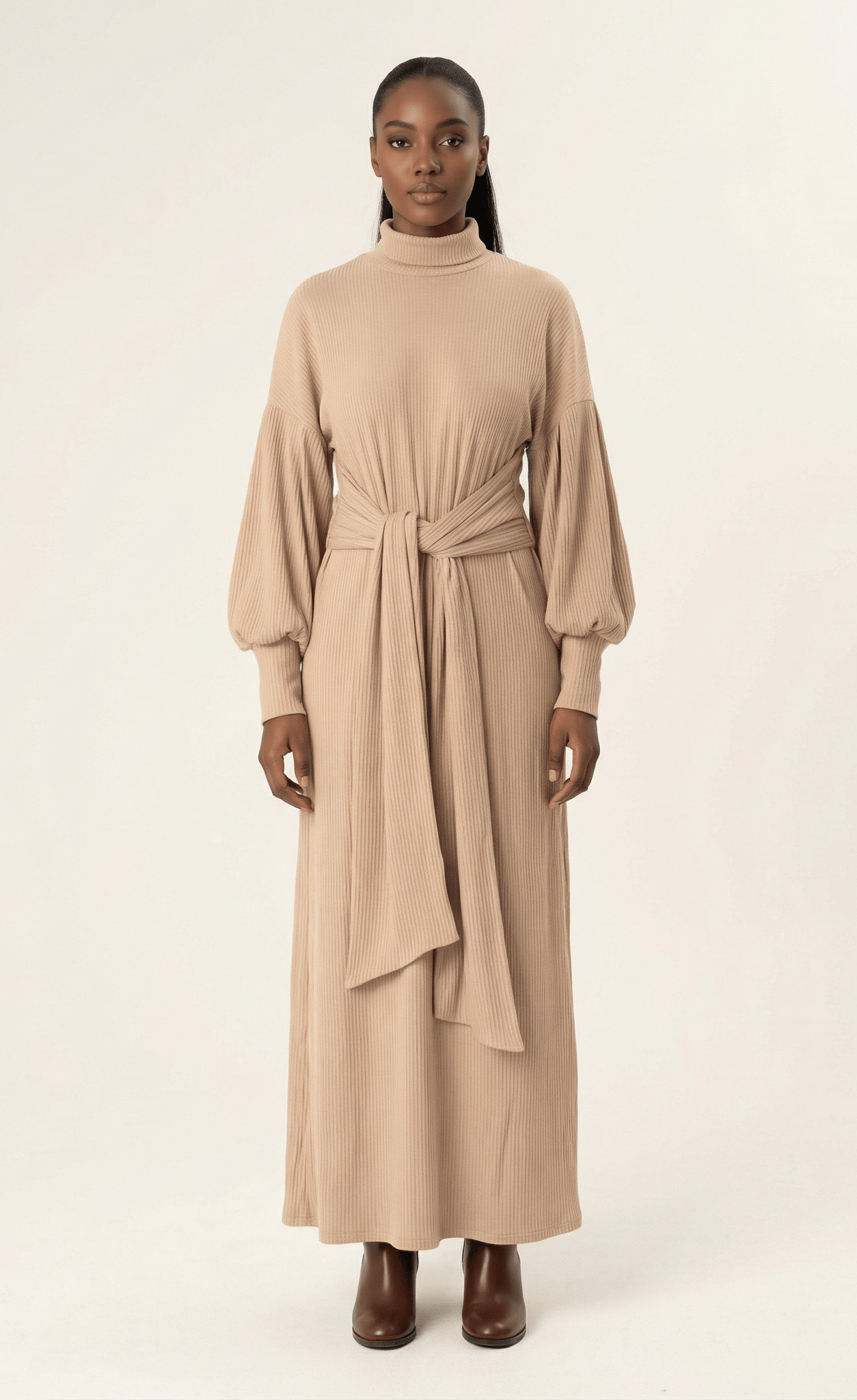 Chia Ribbed-Knit Turtleneck Sweater Modest Dress Kabayare