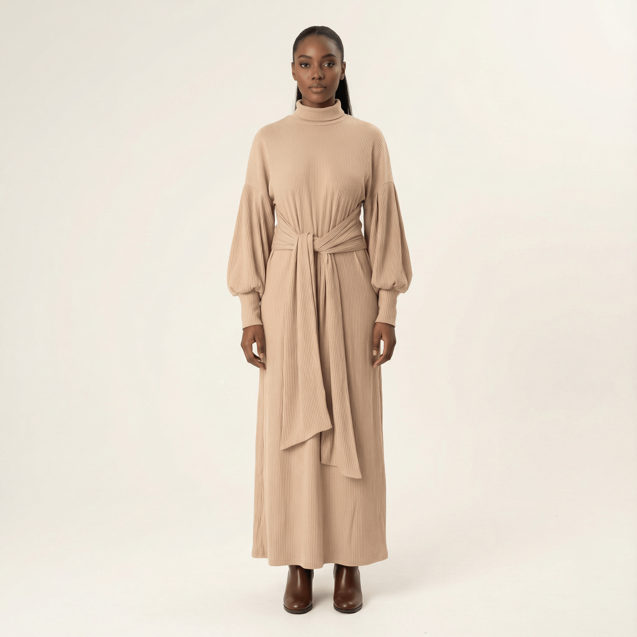 Chia Ribbed-Knit Turtleneck Sweater Modest Dress Kabayare