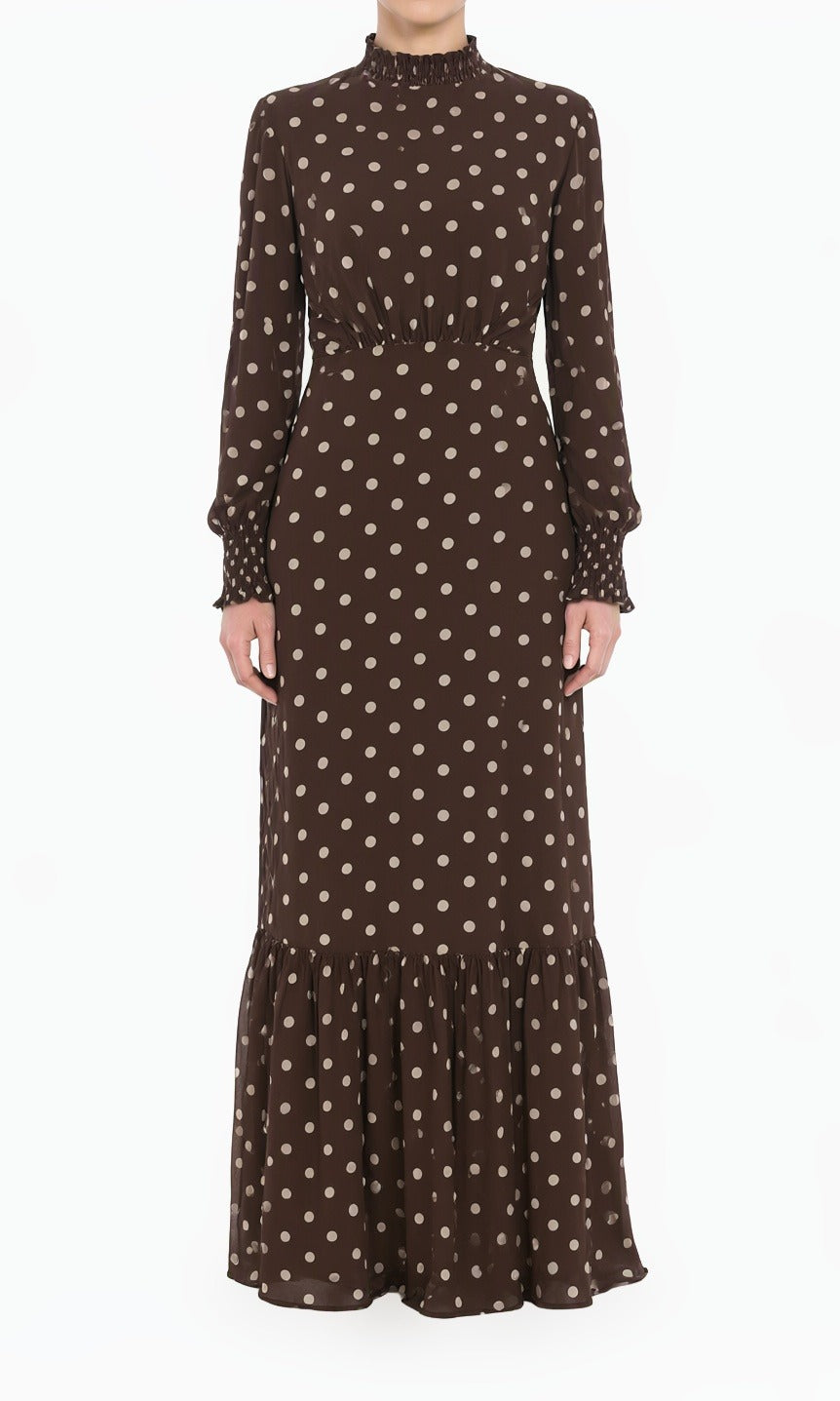 Chocolate Polka Dot Lucca Smocked High Neck Modest Maxi Dress Kabayare
