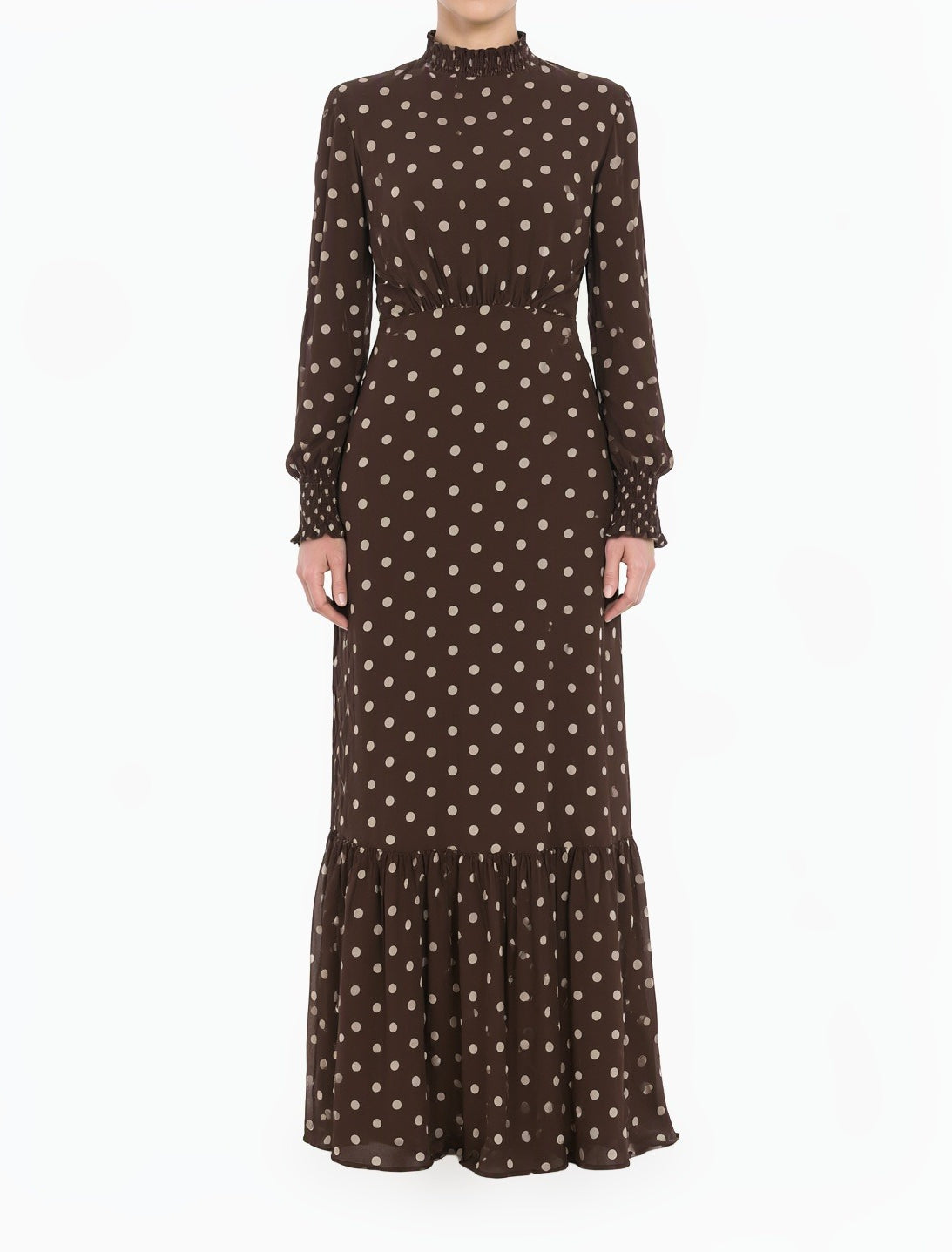 Chocolate Polka Dot Lucca Smocked High Neck Modest Maxi Dress Kabayare