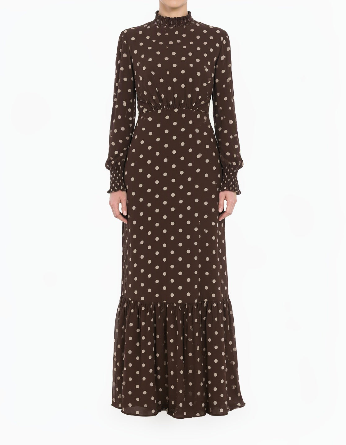 Chocolate Polka Dot Lucca Smocked High Neck Modest Maxi Dress Kabayare