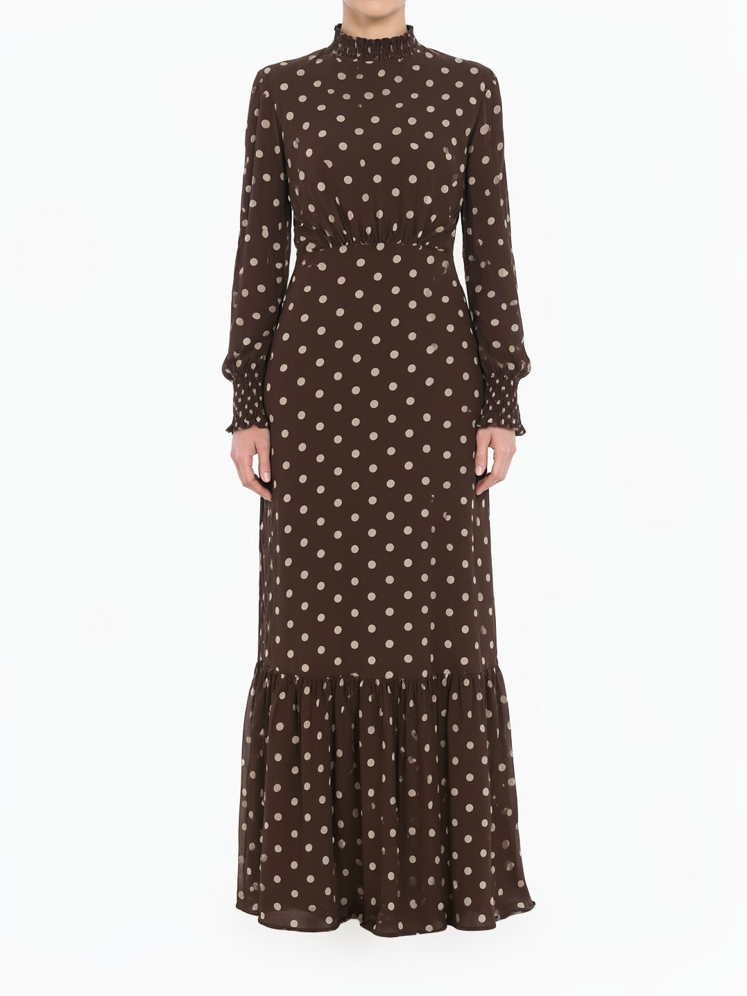 Chocolate Polka Dot Lucca Smocked High Neck Modest Maxi Dress Kabayare