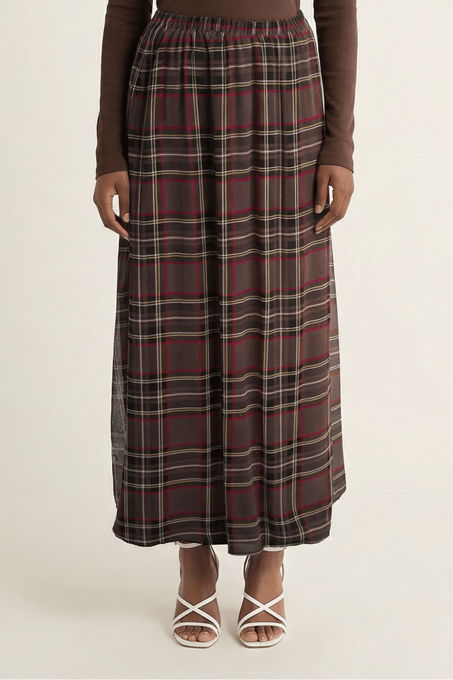 Chocolate Waffle Plaid chiffon Maxi Skirt Kabayare