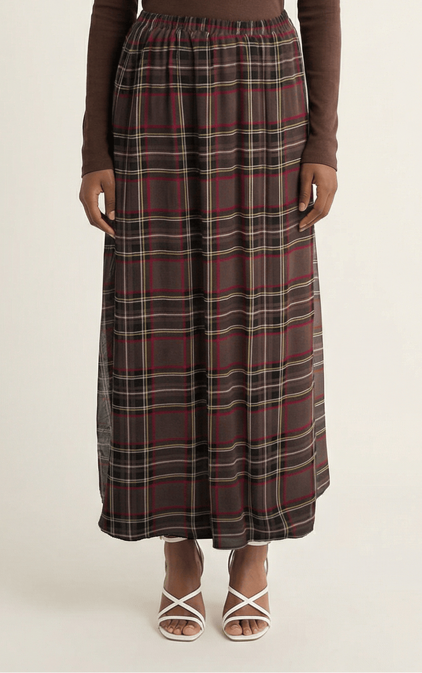 Chocolate Waffle Plaid chiffon Maxi Skirt Kabayare