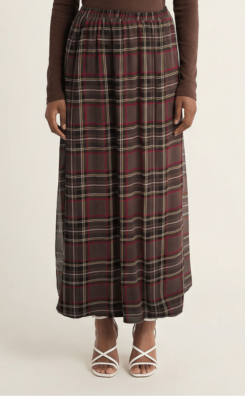 Chocolate Waffle Plaid chiffon Maxi Skirt Kabayare