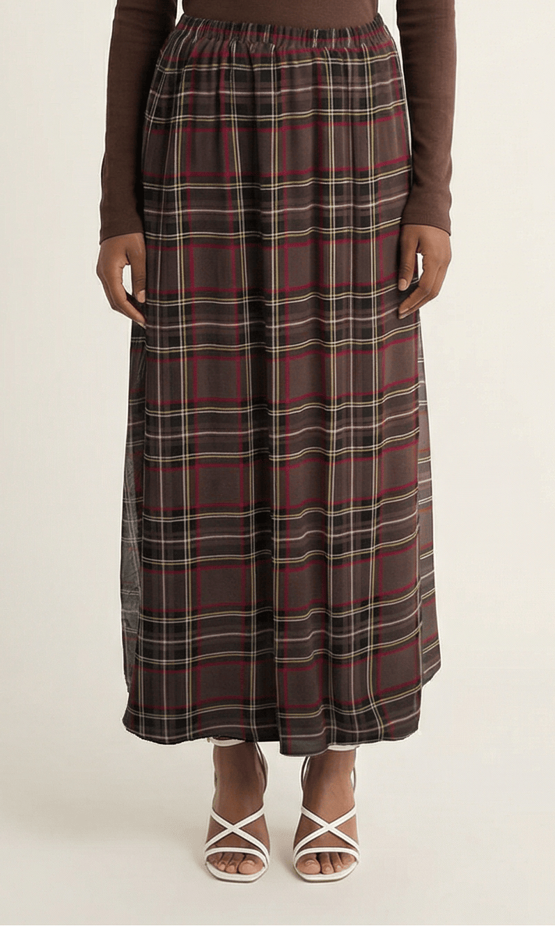 Chocolate Waffle Plaid chiffon Maxi Skirt Kabayare