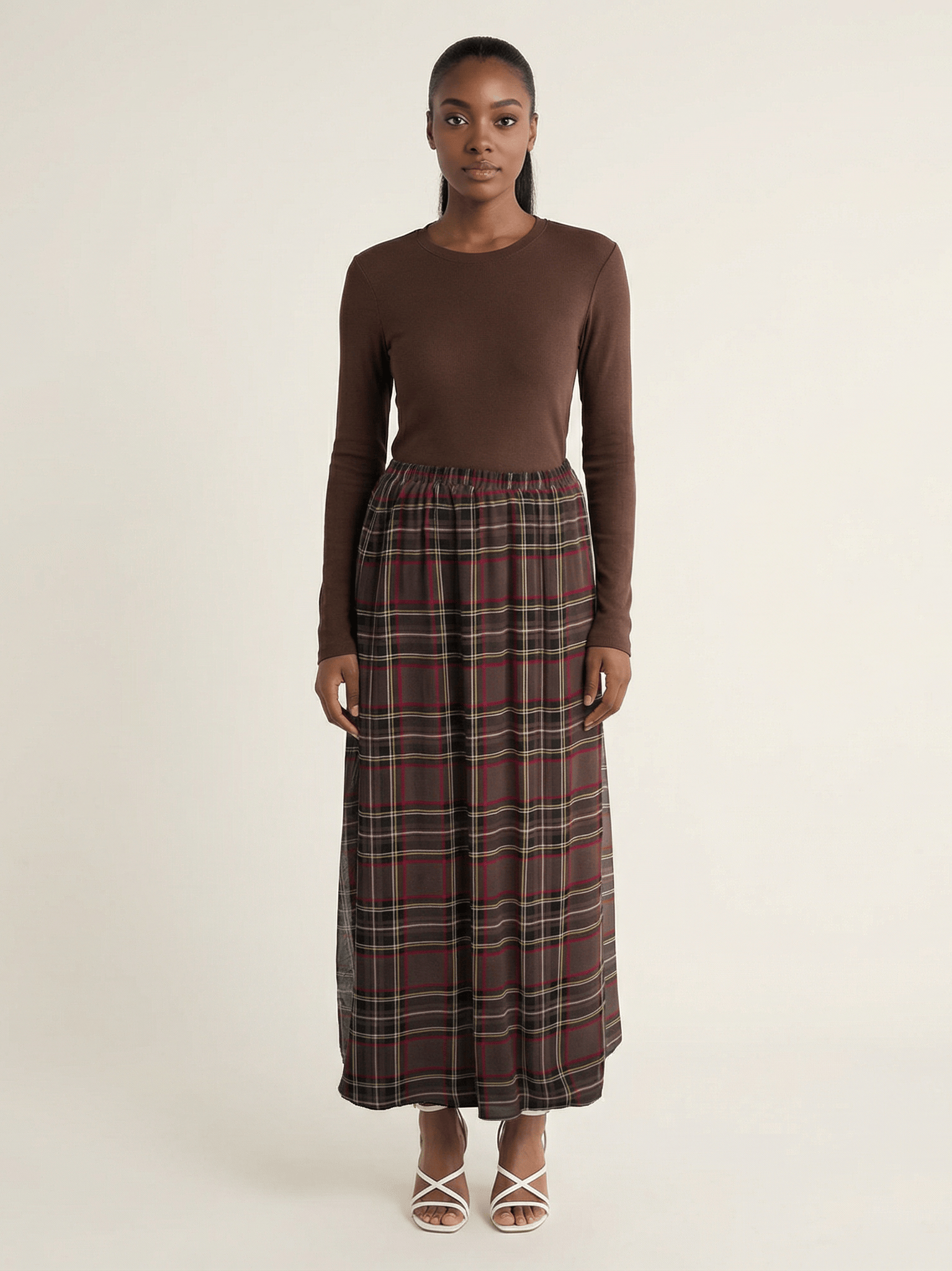 Chocolate Waffle Plaid chiffon Maxi Skirt Kabayare