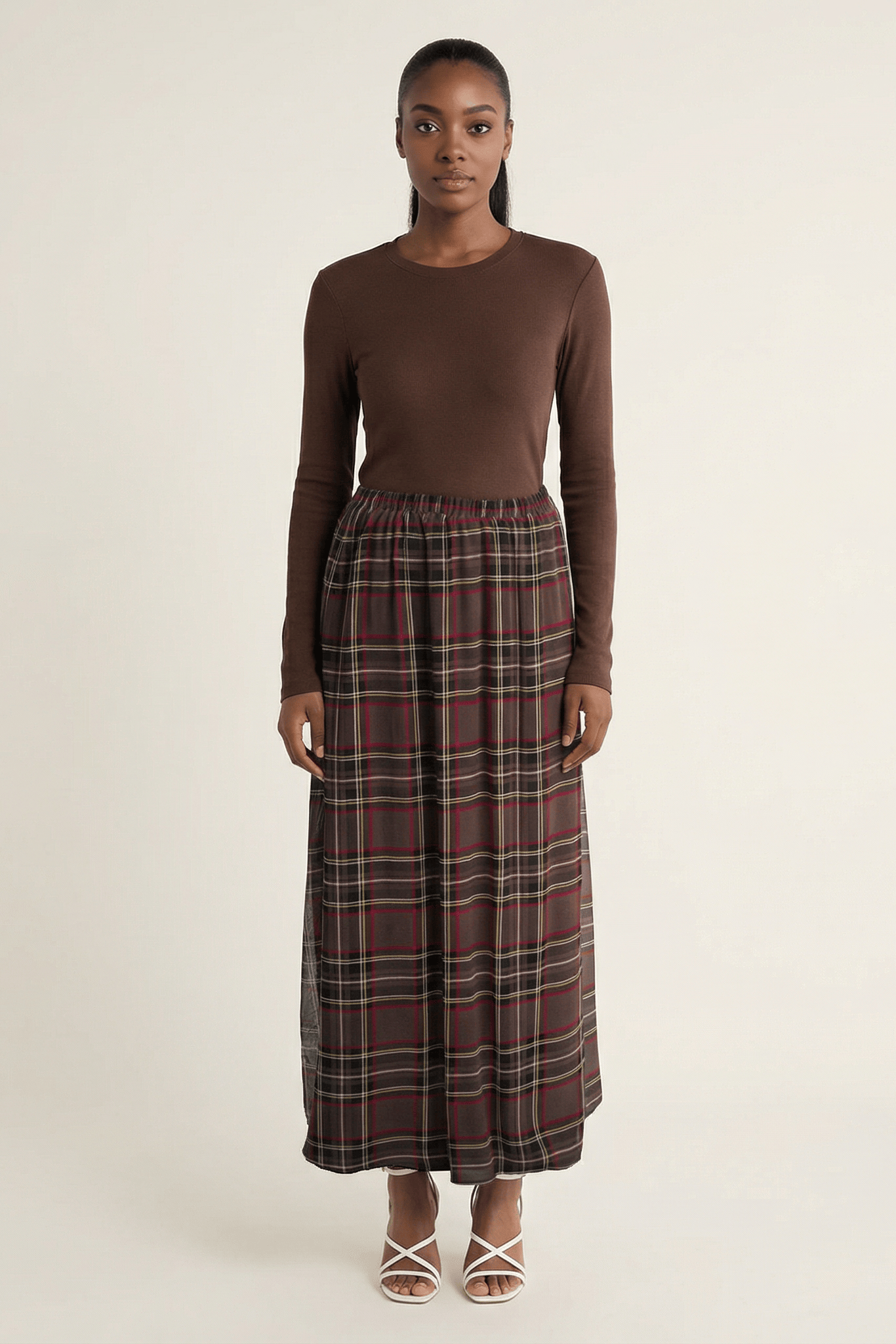 Chocolate Waffle Plaid chiffon Maxi Skirt Kabayare