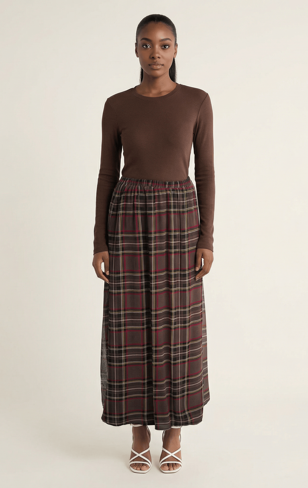 Chocolate Waffle Plaid chiffon Maxi Skirt Kabayare