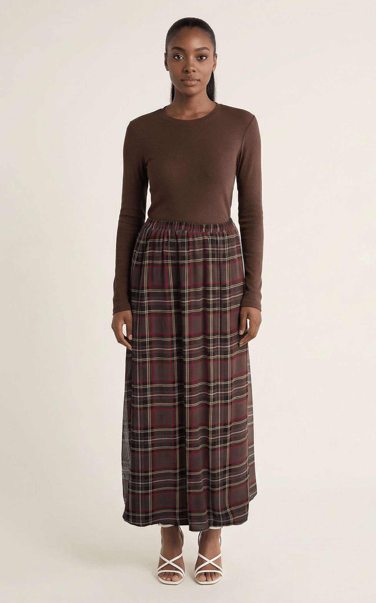 Chocolate Waffle Plaid chiffon Maxi Skirt Kabayare