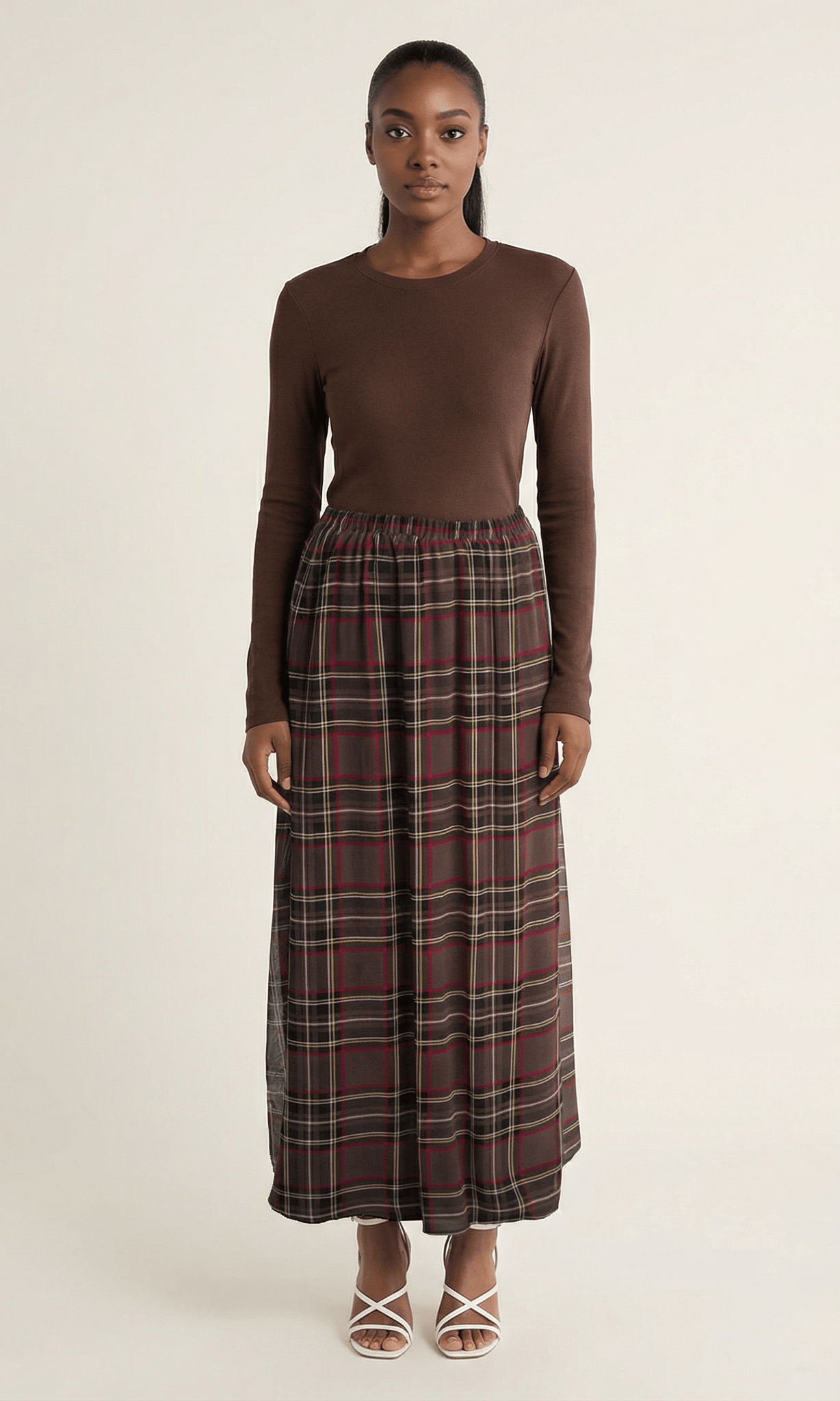 Chocolate Waffle Plaid chiffon Maxi Skirt Kabayare