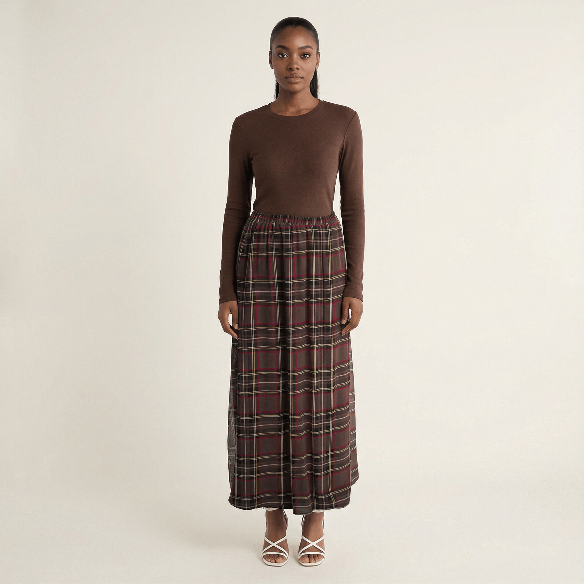 Chocolate Waffle Plaid chiffon Maxi Skirt Kabayare