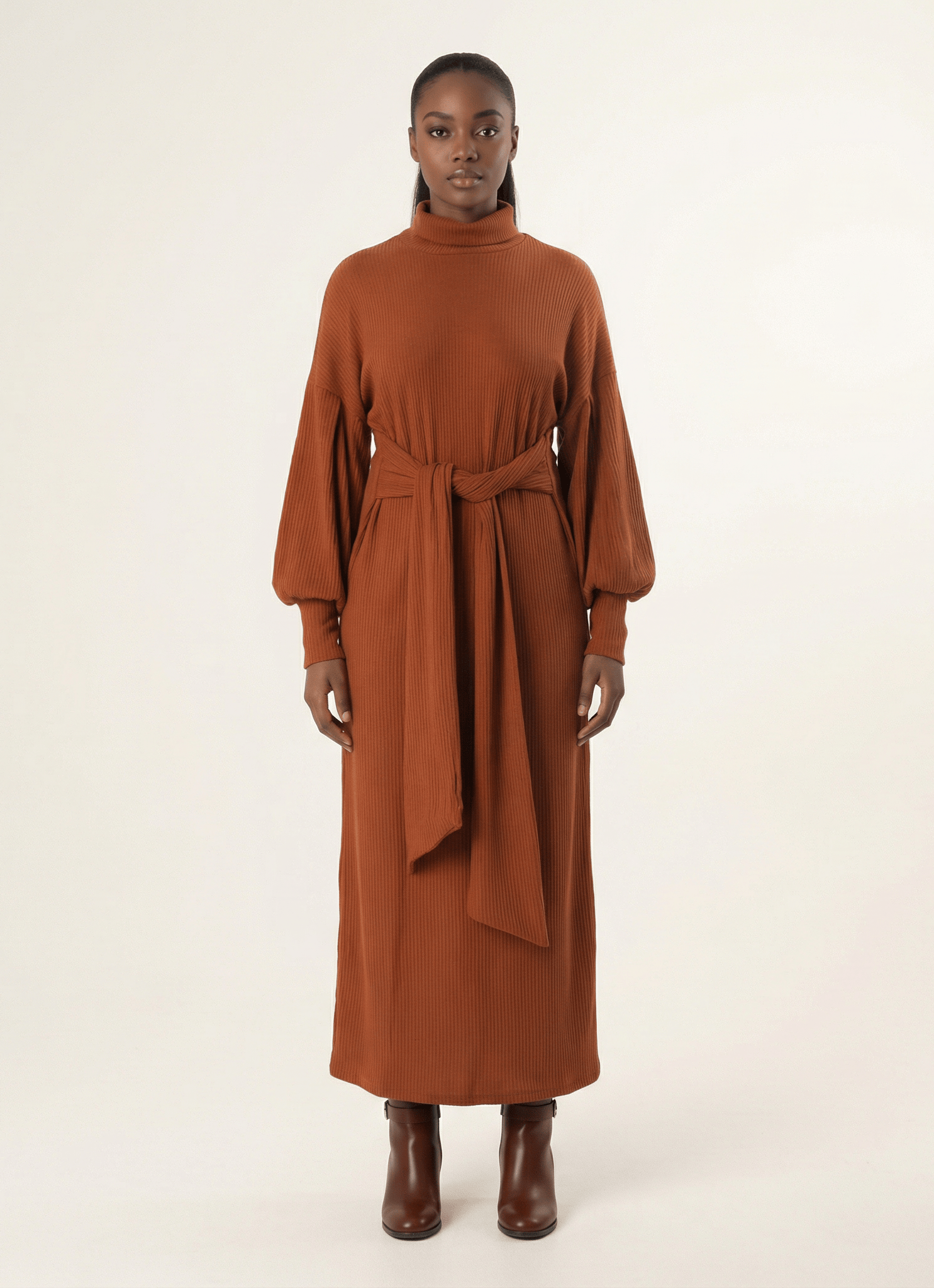 Cinnamon Ribbed-Knit Turtleneck Sweater Dress Kabayare