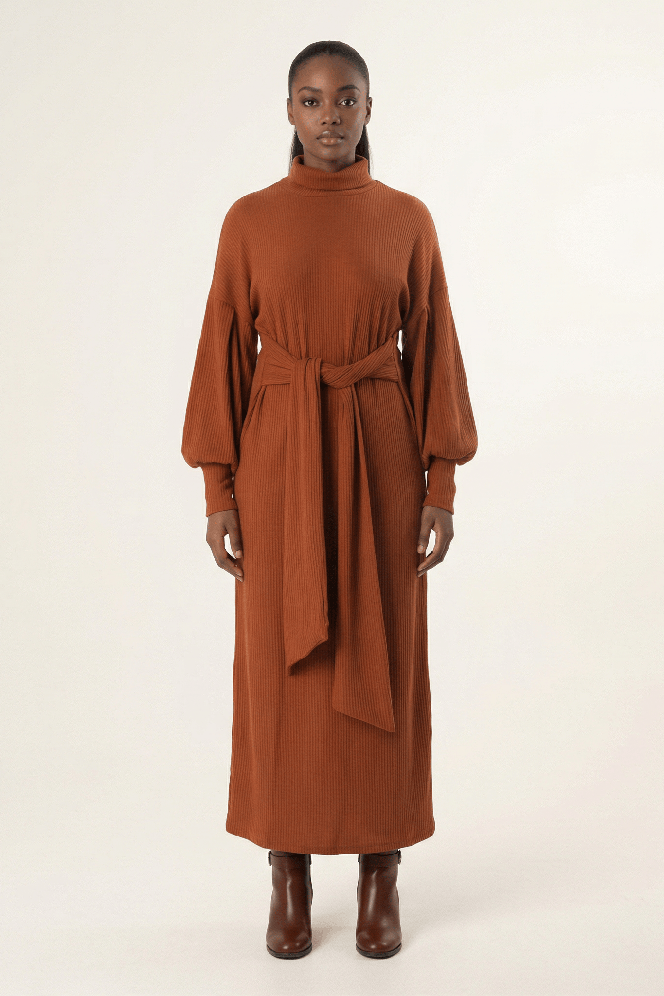 Cinnamon Ribbed-Knit Turtleneck Sweater Dress Kabayare