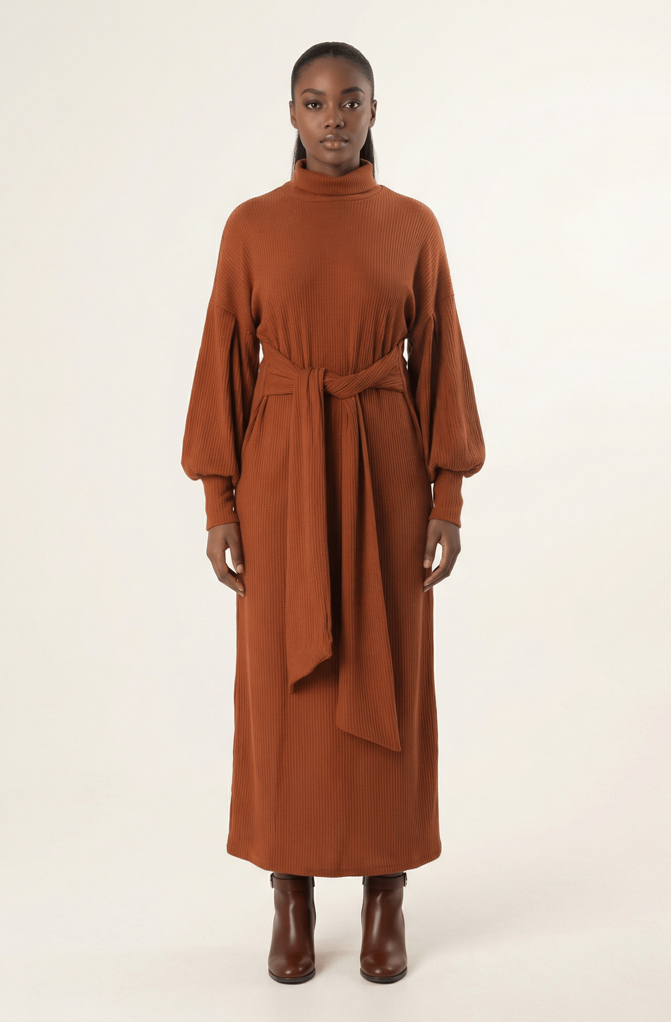 Cinnamon Ribbed-Knit Turtleneck Sweater Dress Kabayare