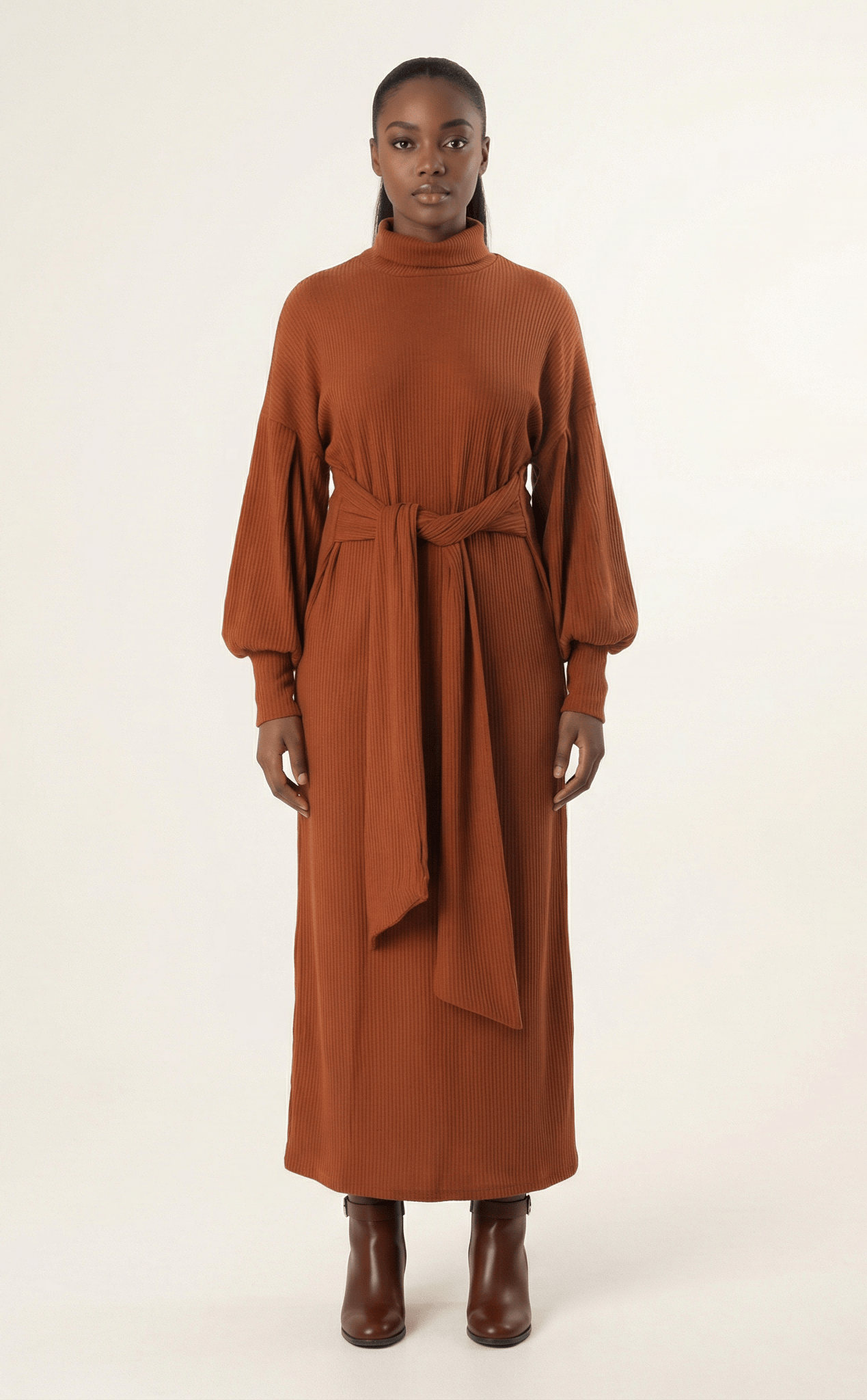 Cinnamon Ribbed-Knit Turtleneck Sweater Dress Kabayare