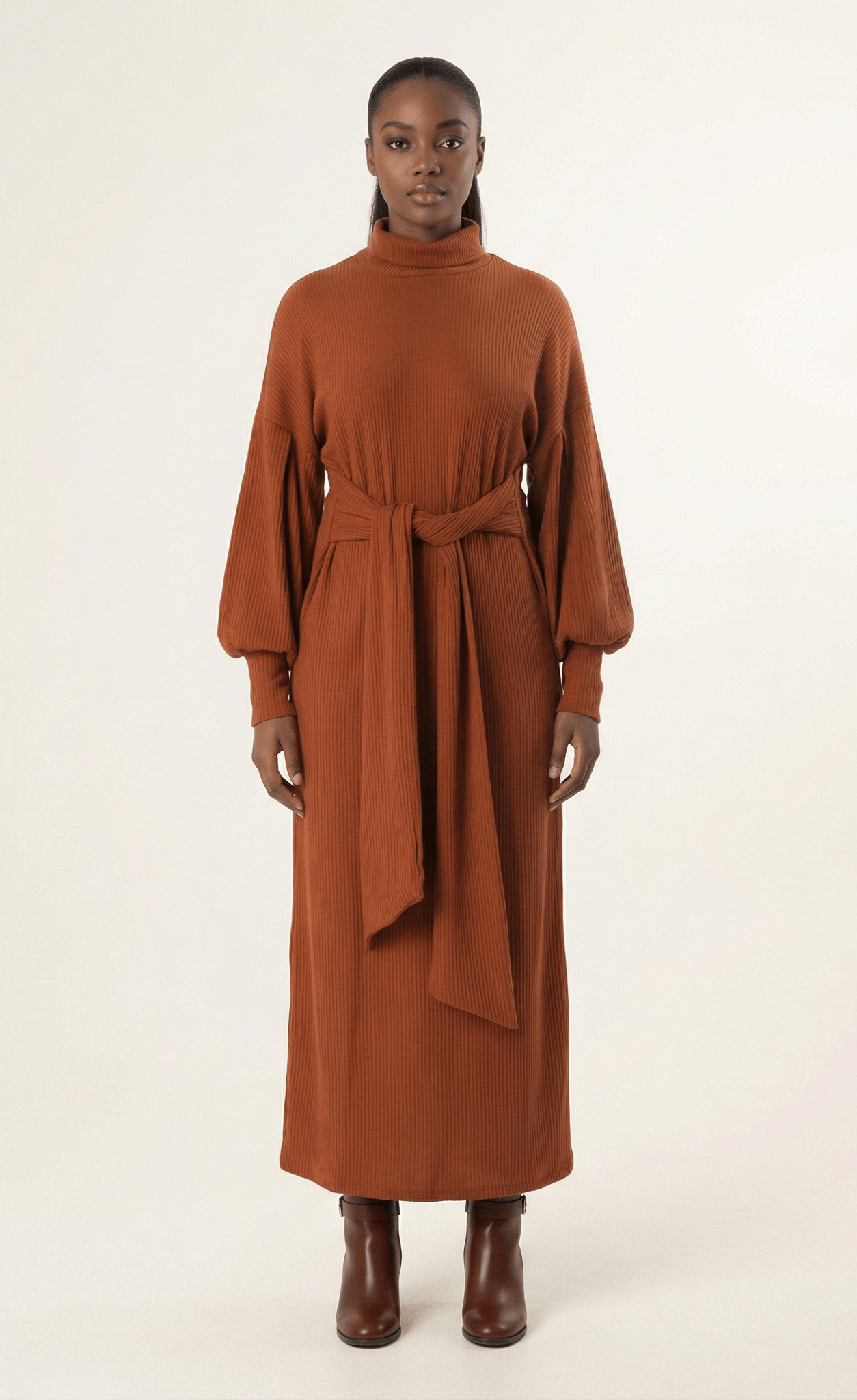 Cinnamon Ribbed-Knit Turtleneck Sweater Dress Kabayare