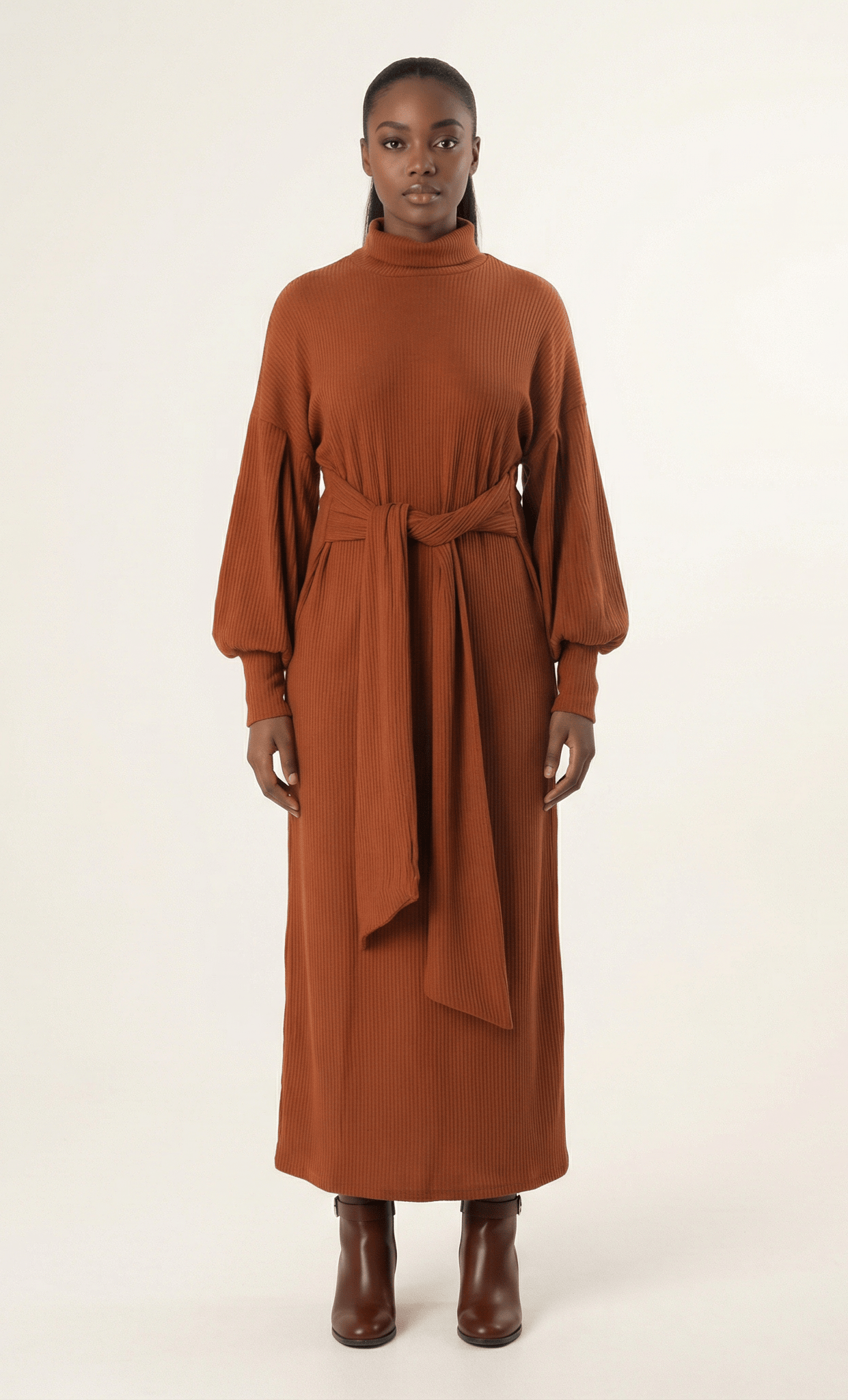 Cinnamon Ribbed-Knit Turtleneck Sweater Dress Kabayare