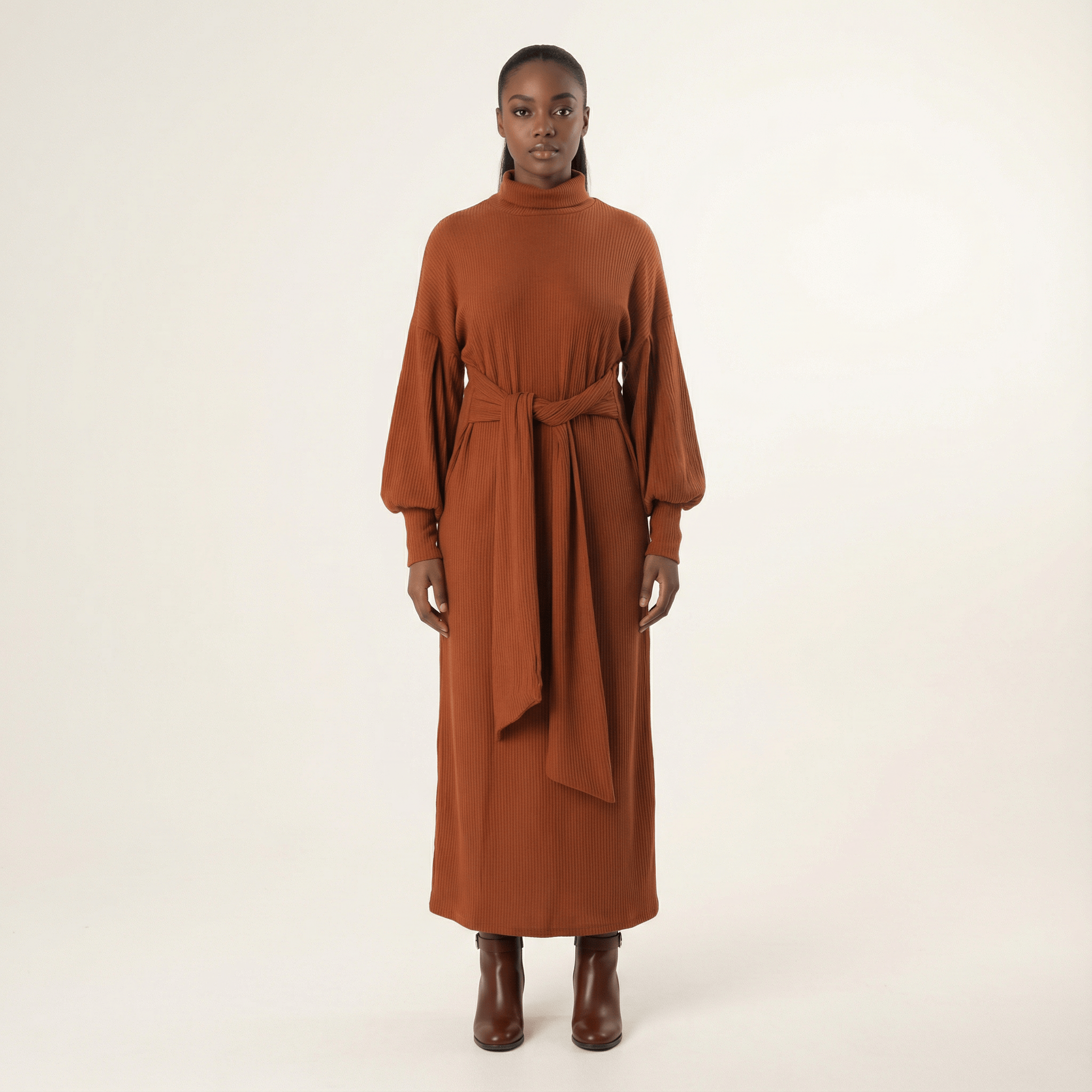 Cinnamon Ribbed-Knit Turtleneck Sweater Dress Kabayare