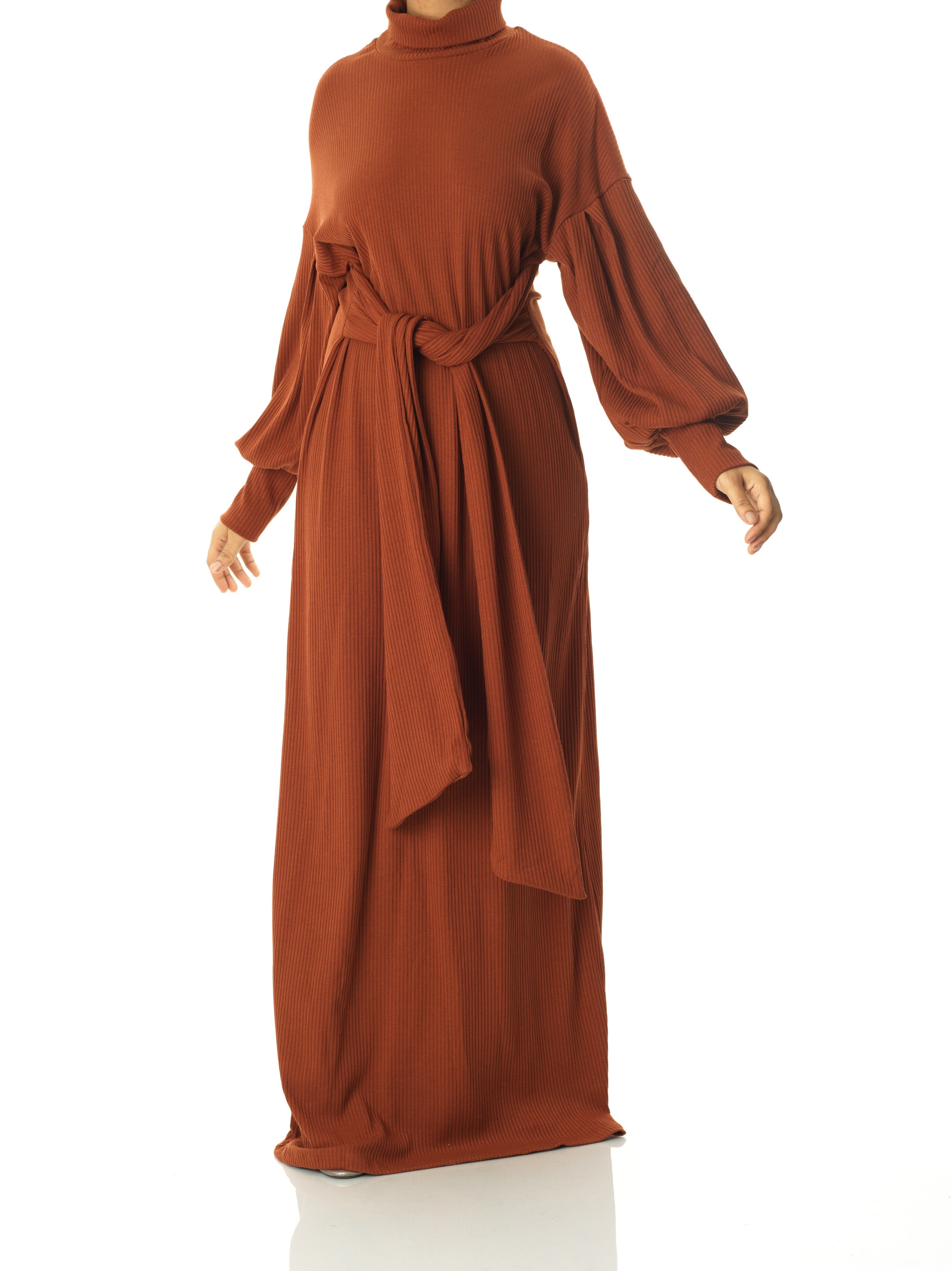 Cinnamon Ribbed-Knit Turtleneck Sweater Dress Kabayare