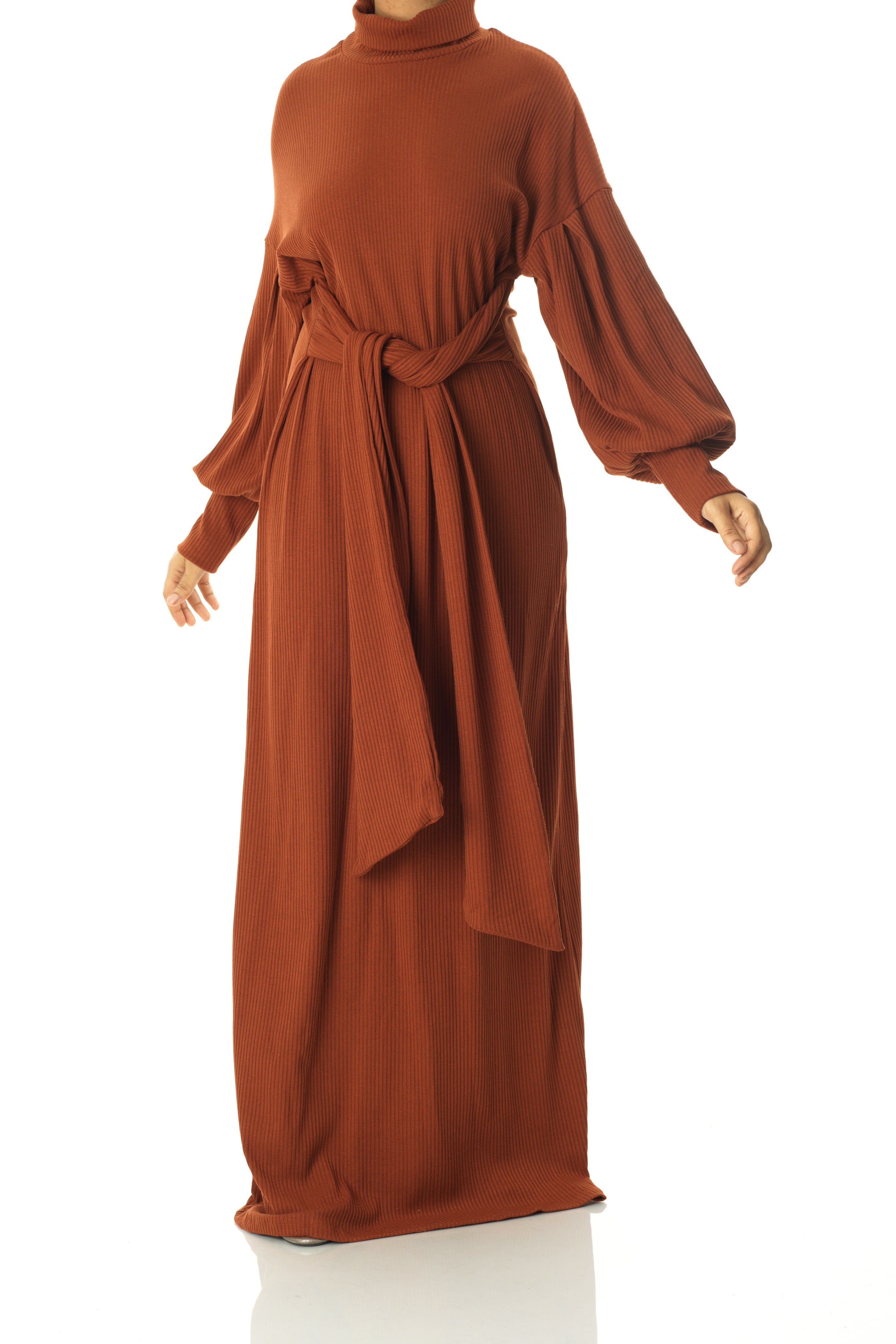 Cinnamon Ribbed-Knit Turtleneck Sweater Dress Kabayare
