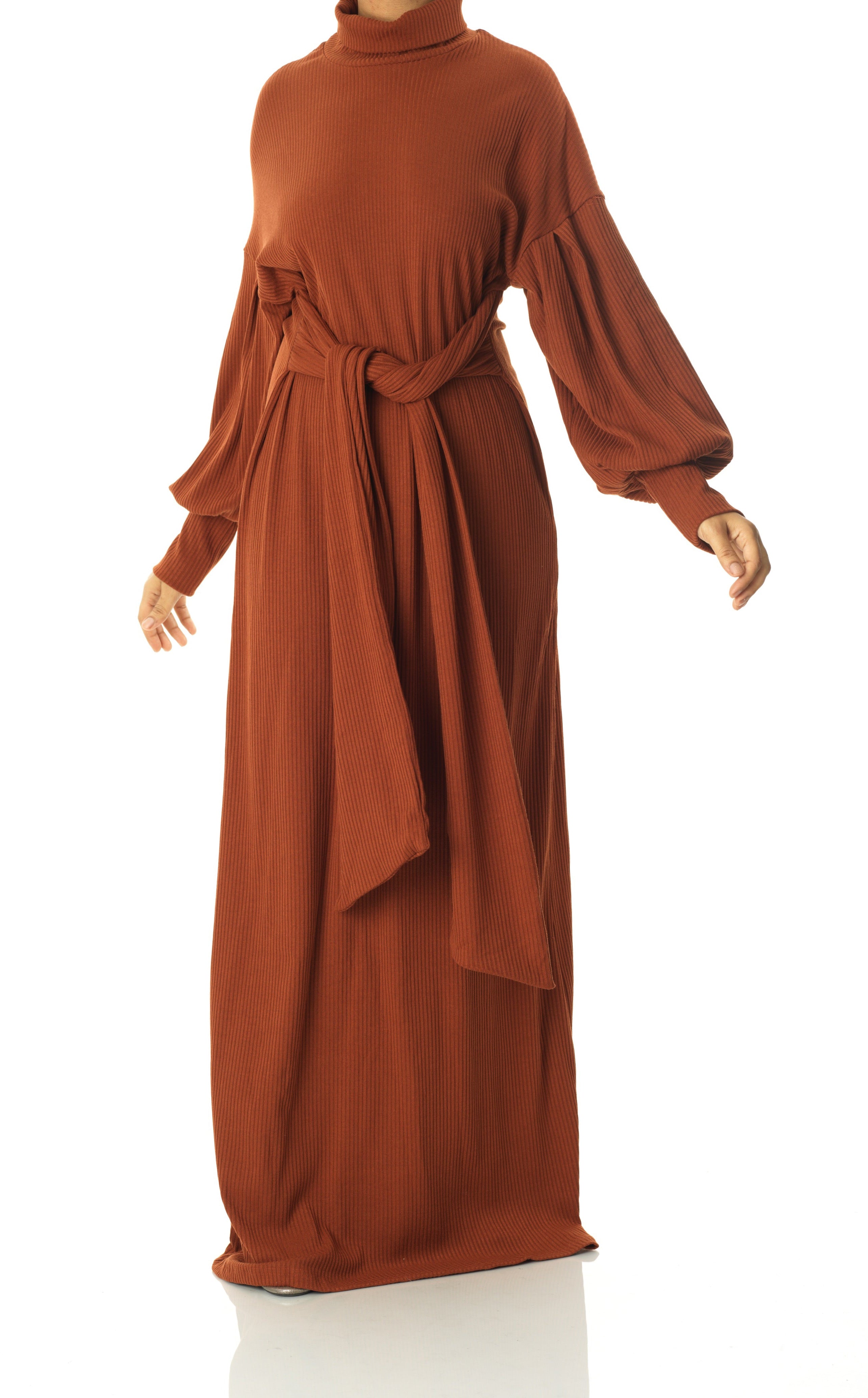 Cinnamon Ribbed-Knit Turtleneck Sweater Dress Kabayare