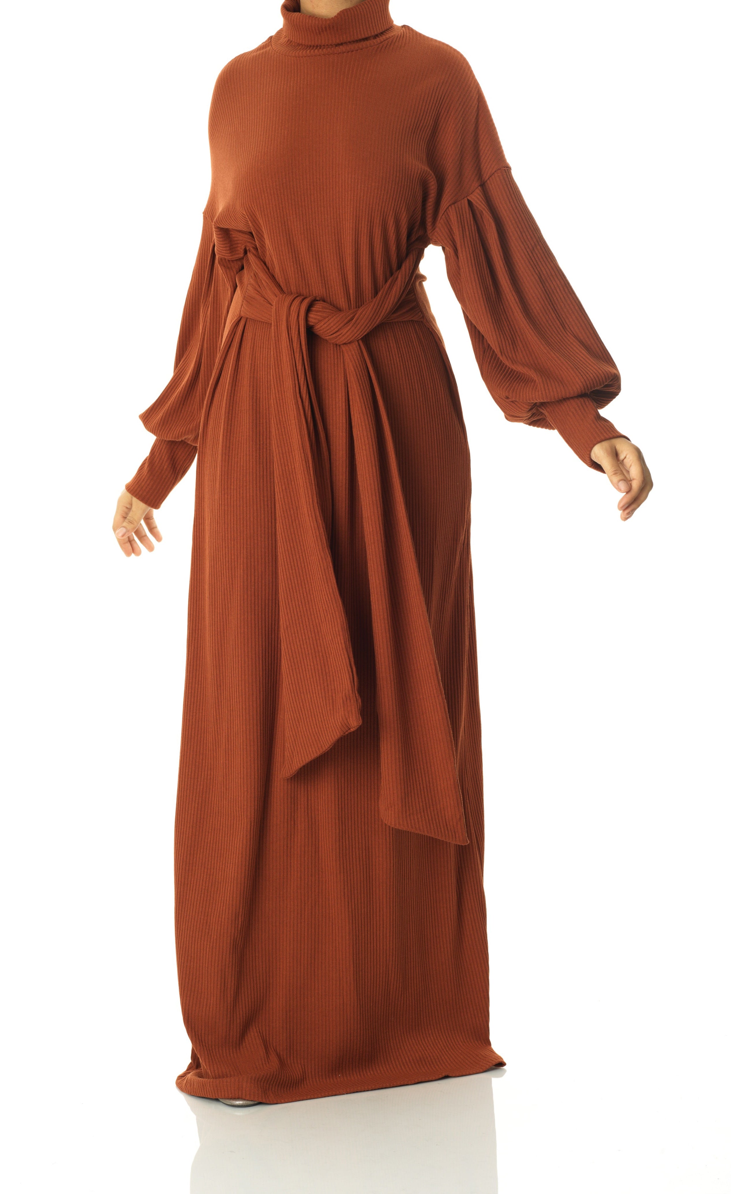 Cinnamon Ribbed-Knit Turtleneck Sweater Dress Kabayare