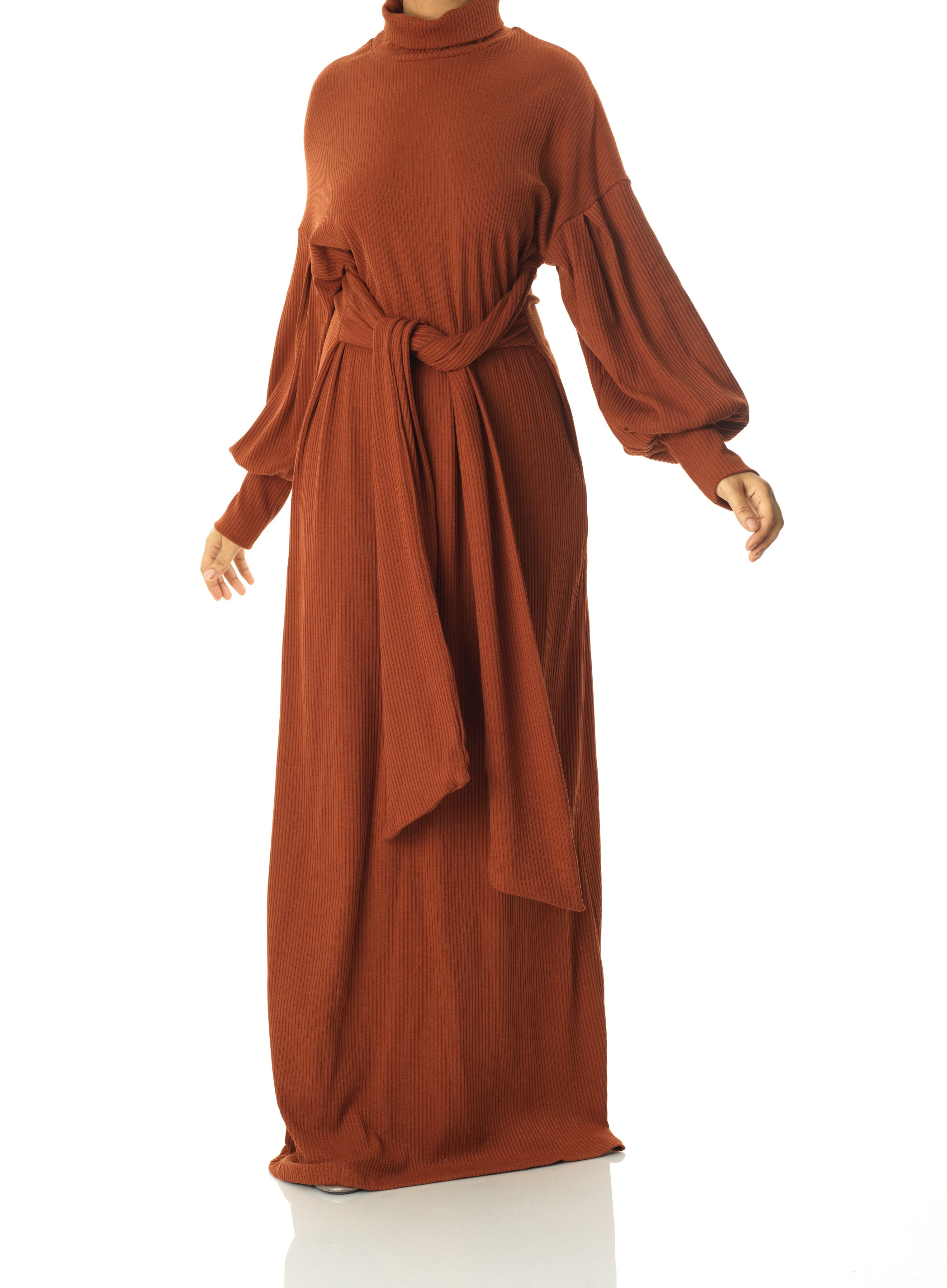 Cinnamon Ribbed-Knit Turtleneck Sweater Dress Kabayare