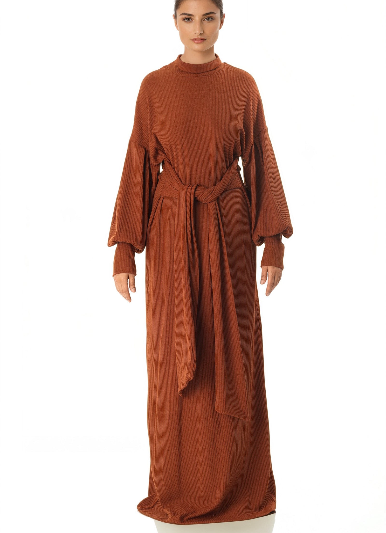 Cinnamon Ribbed-Knit Turtleneck Sweater Dress Kabayare
