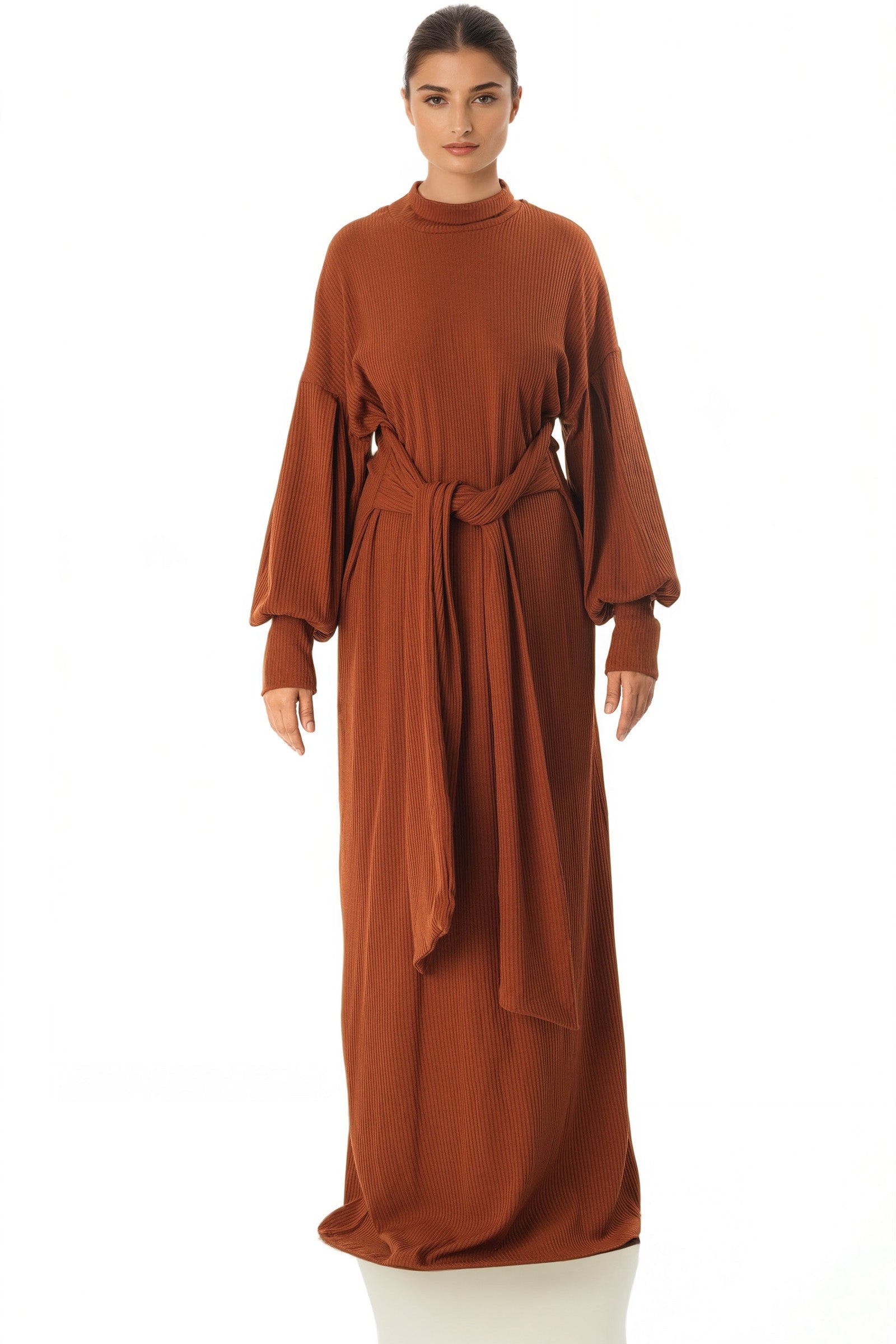 Cinnamon Ribbed-Knit Turtleneck Sweater Dress Kabayare