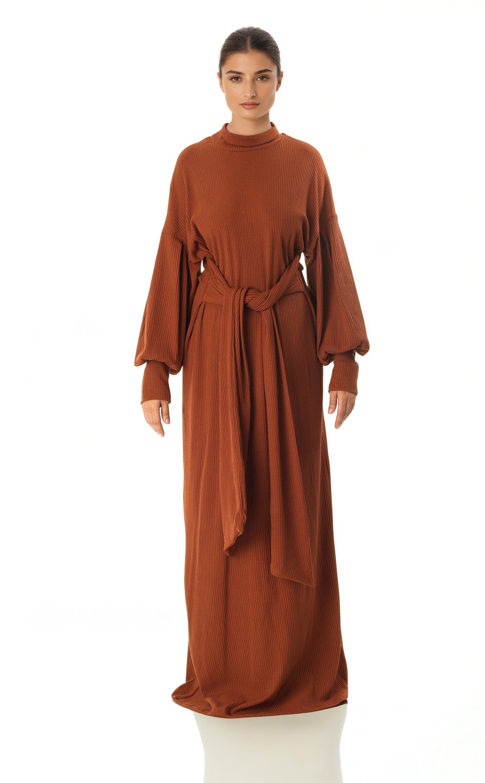 Cinnamon Ribbed-Knit Turtleneck Sweater Dress Kabayare