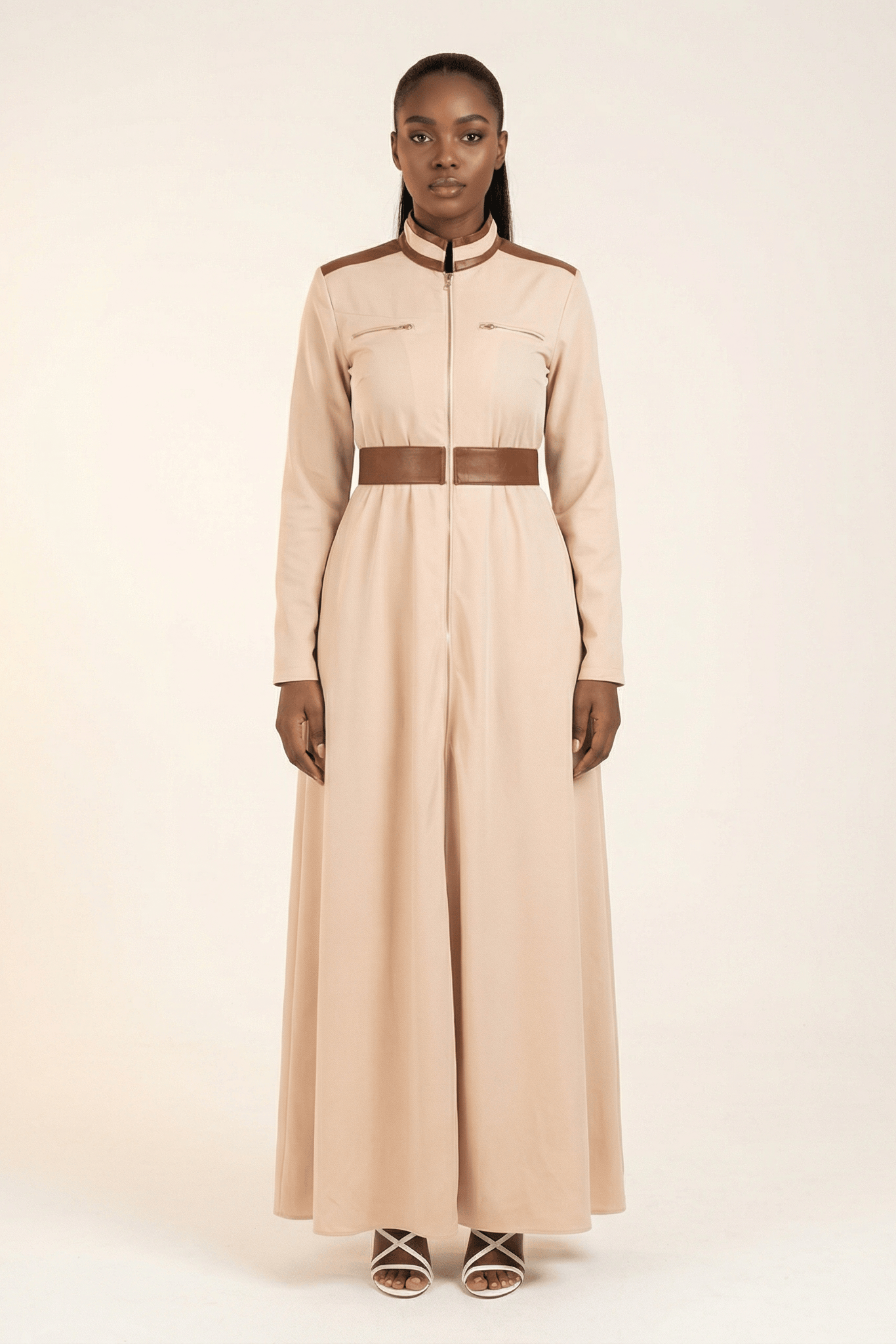 Cream Nadia leather detail maxi dress Kabayare
