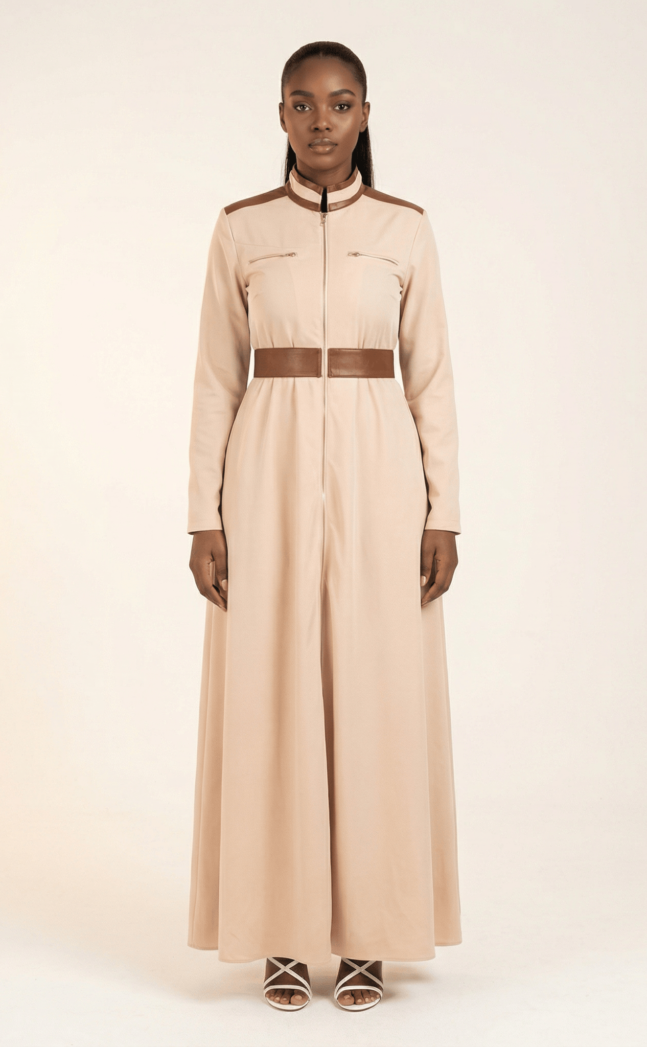 Cream Nadia leather detail maxi dress Kabayare