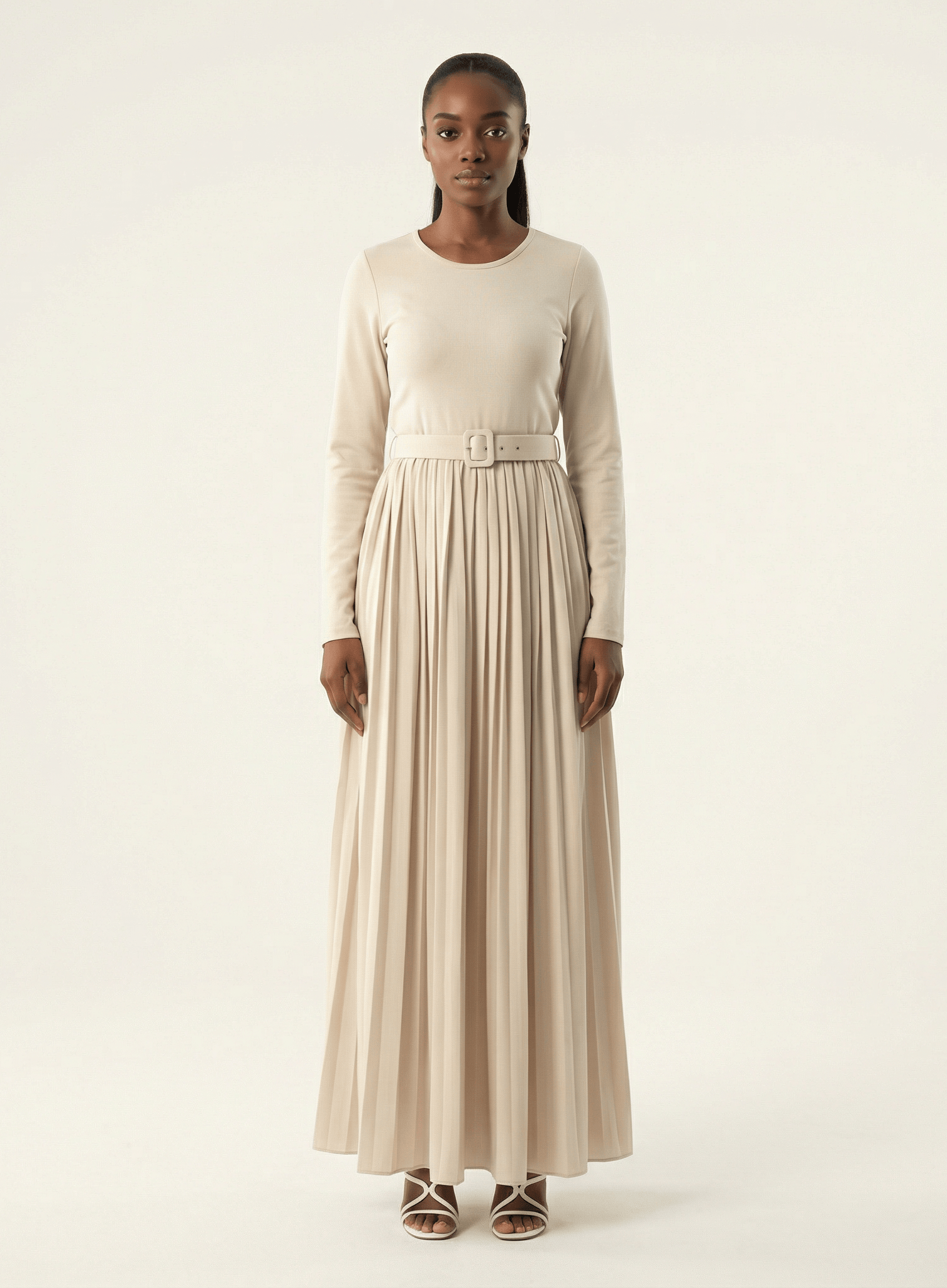 Cream pleated ponti di roma maxi dress Kabayare