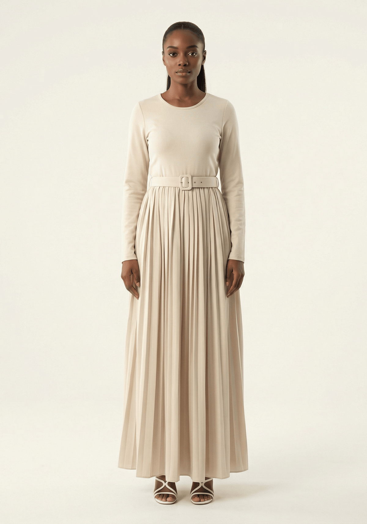 Cream pleated ponti di roma maxi dress Kabayare