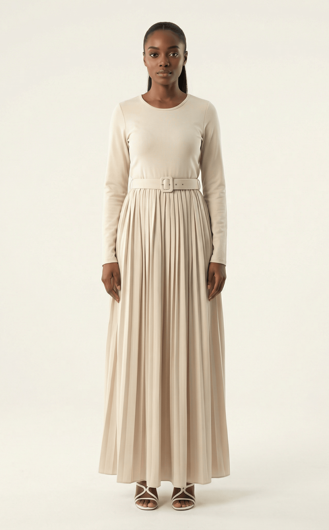 Cream pleated ponti di roma maxi dress Kabayare