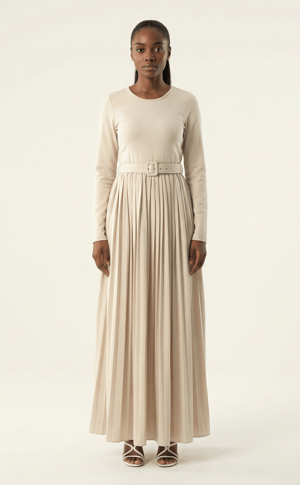 Cream pleated ponti di roma maxi dress Kabayare