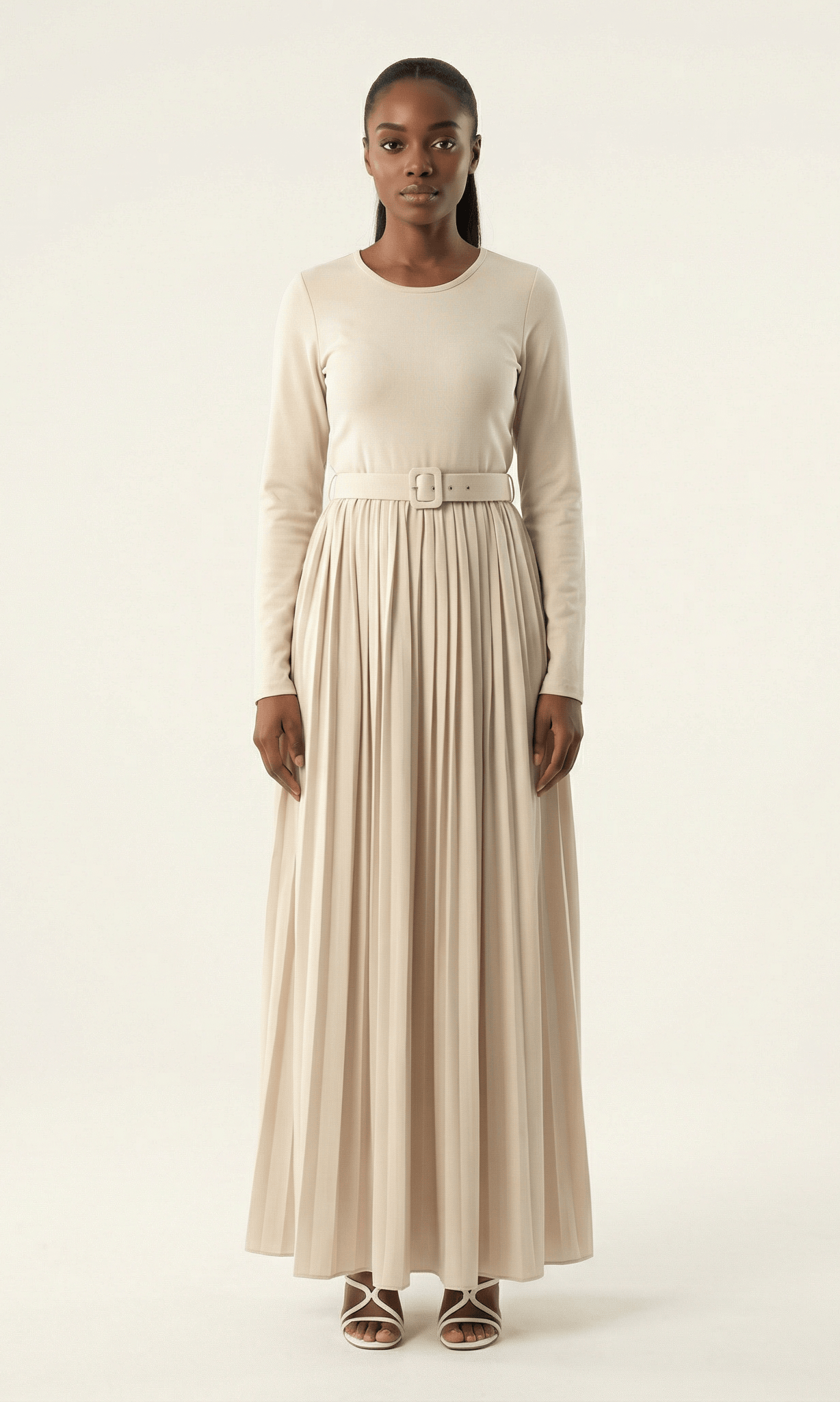 Cream pleated ponti di roma maxi dress Kabayare